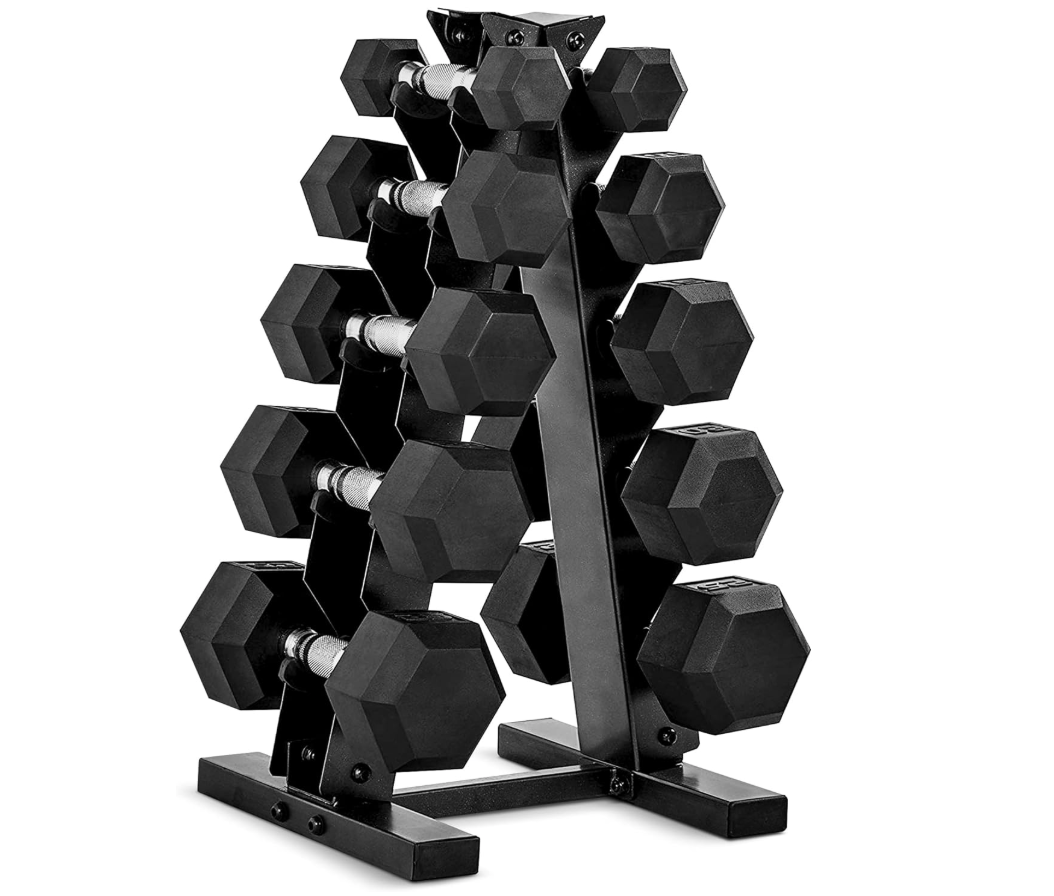 CAP Barbell Rubber Coated Dumbbell Weight Set with Vertical Rack