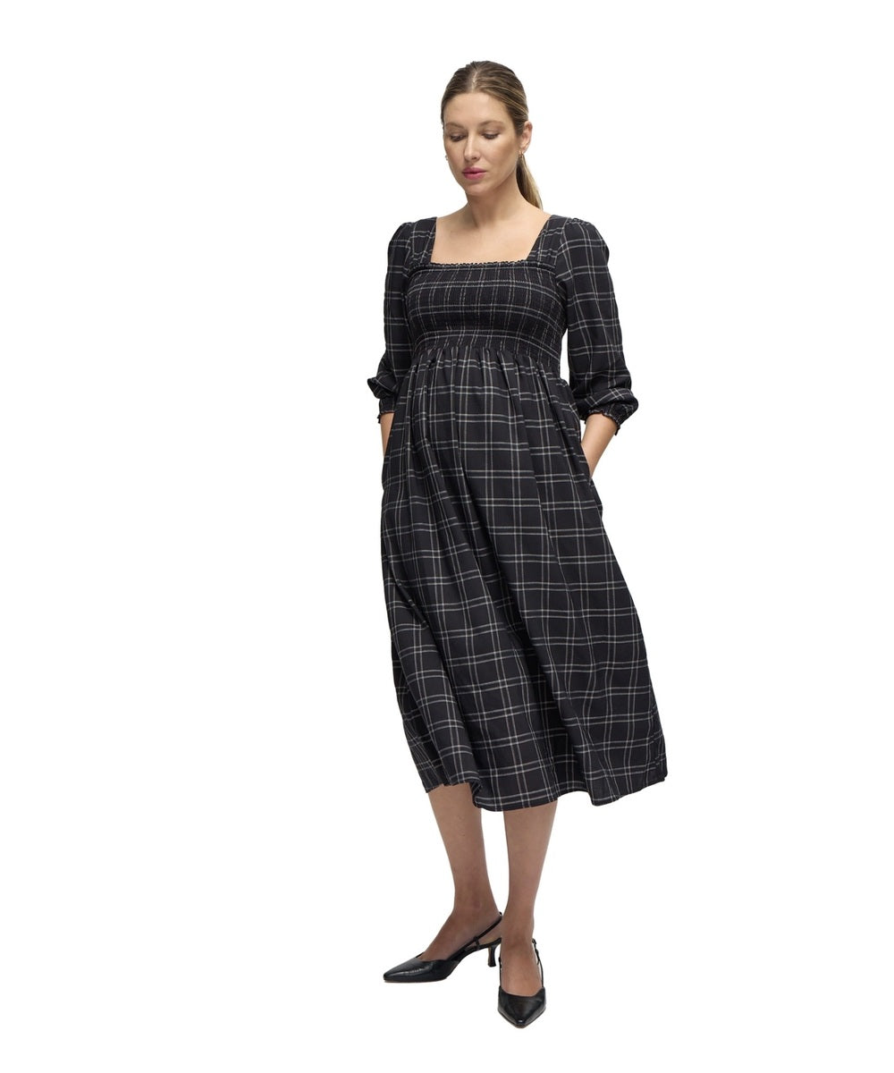 Bump City Arabella Smocked Ruffle Sleeve Maternity Midi Dress (Black + White Plaid) - $158.00 at Bump City Nashville