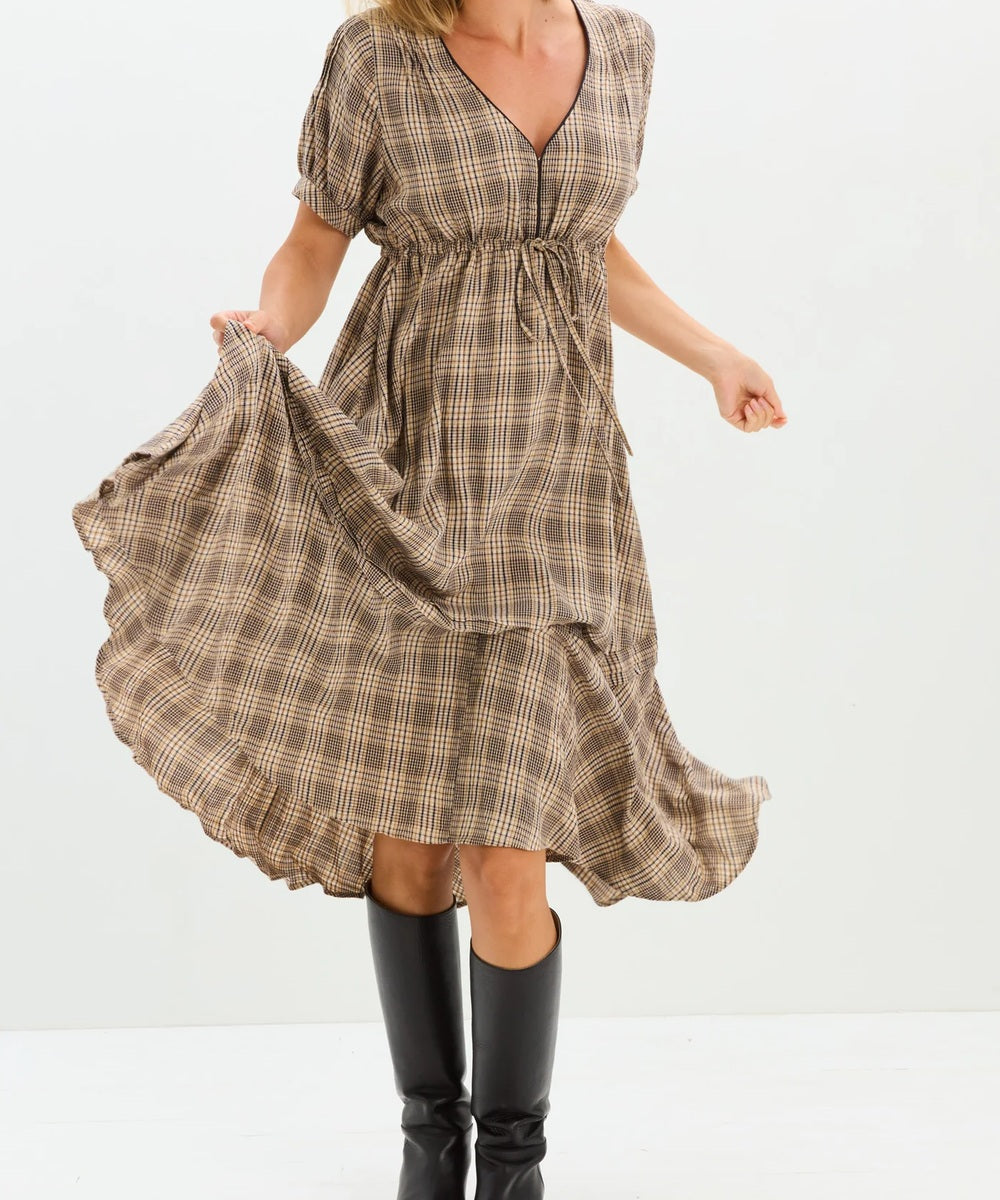 Bump City HATCH: The Darla Nursing Dress (Camel Plaid) - $268.00 at Bump City Nashville