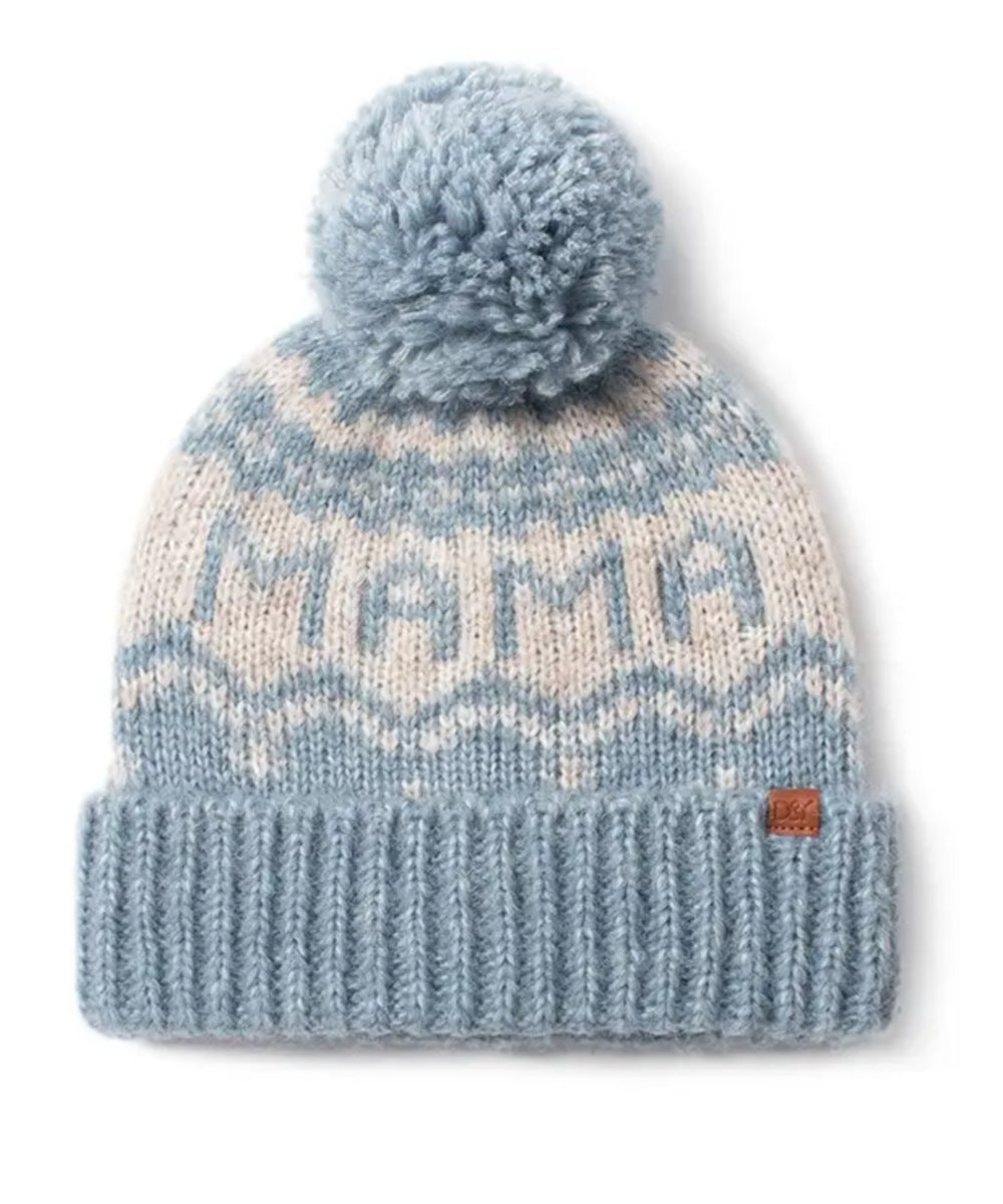 The Mama Jacquard Knit Pom Beanie (Blue)
