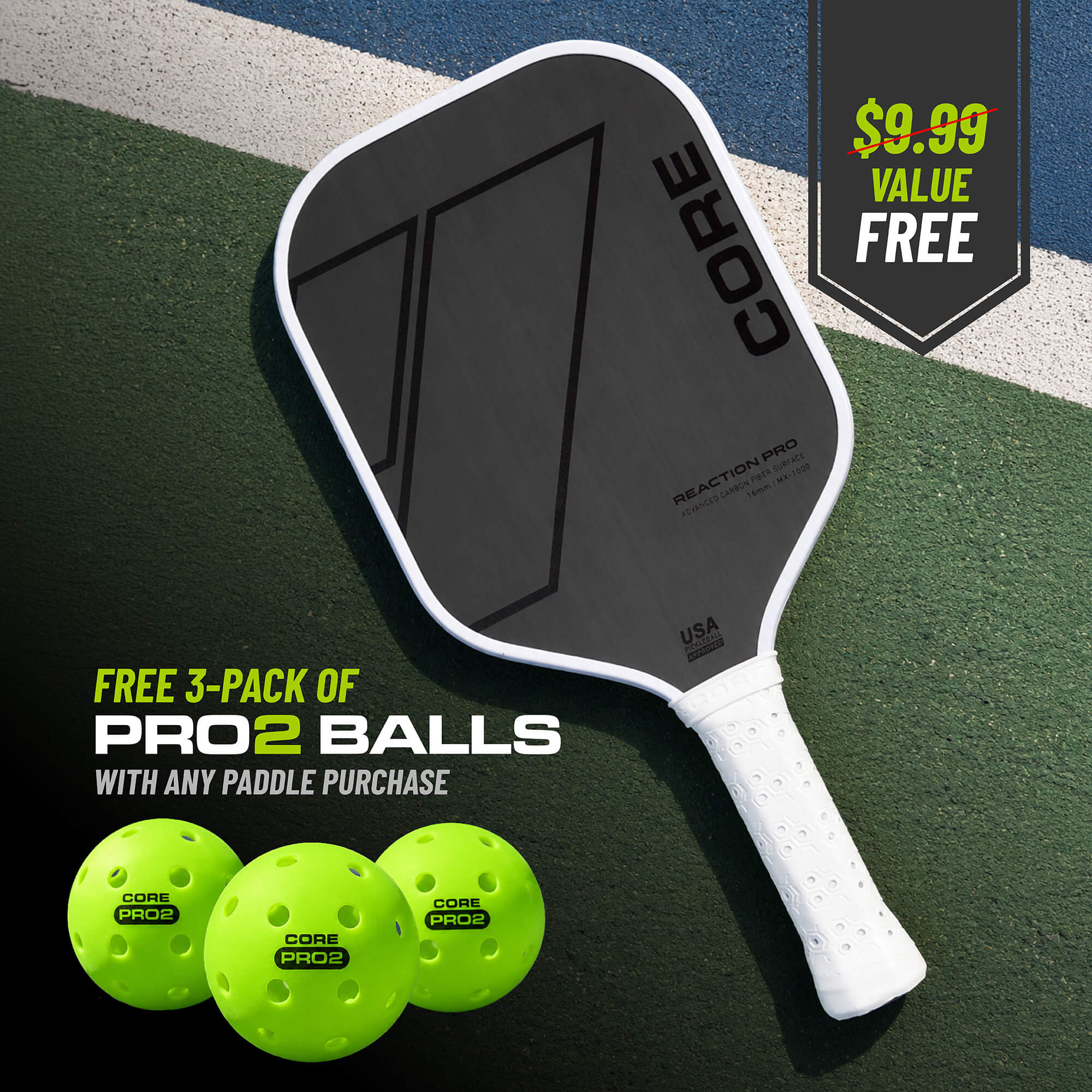 CORE Pickleball CORE Reaction Pro Pickleball Paddle (16mm) - $44.99 at CORE Pickleball
