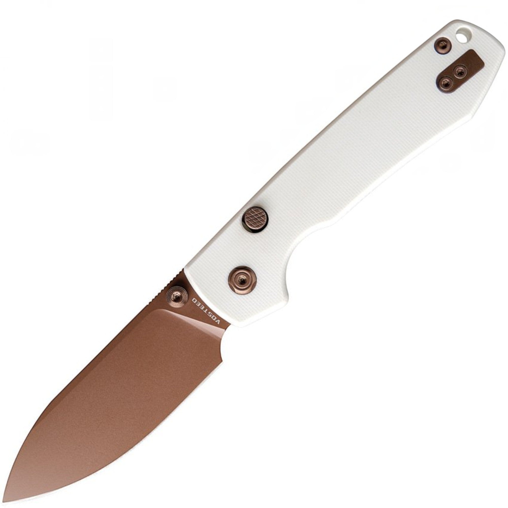 Vosteed Raccoon White G10 Button Lock Folding Knife Drop-Point Copper Dune Blade