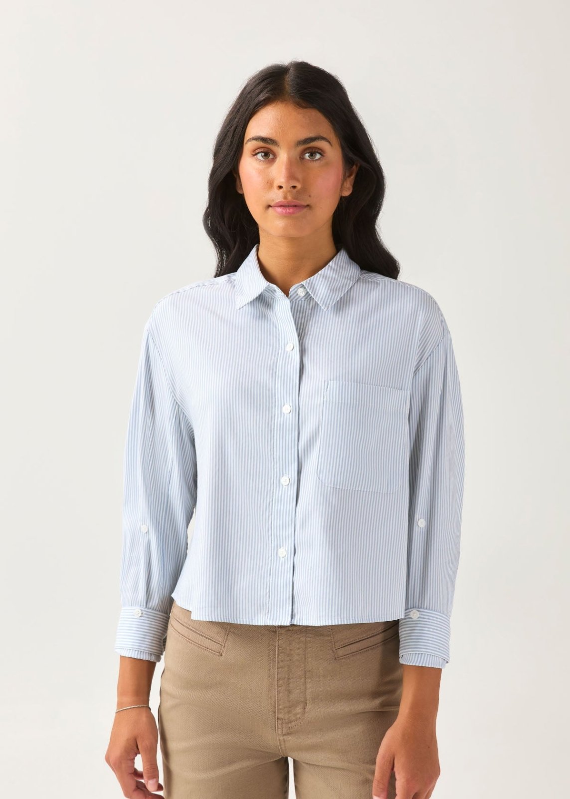 Duer Women's Cloudweight Twill Boxy Button Down - Light Blue Stripe - $124.00 at DUER
