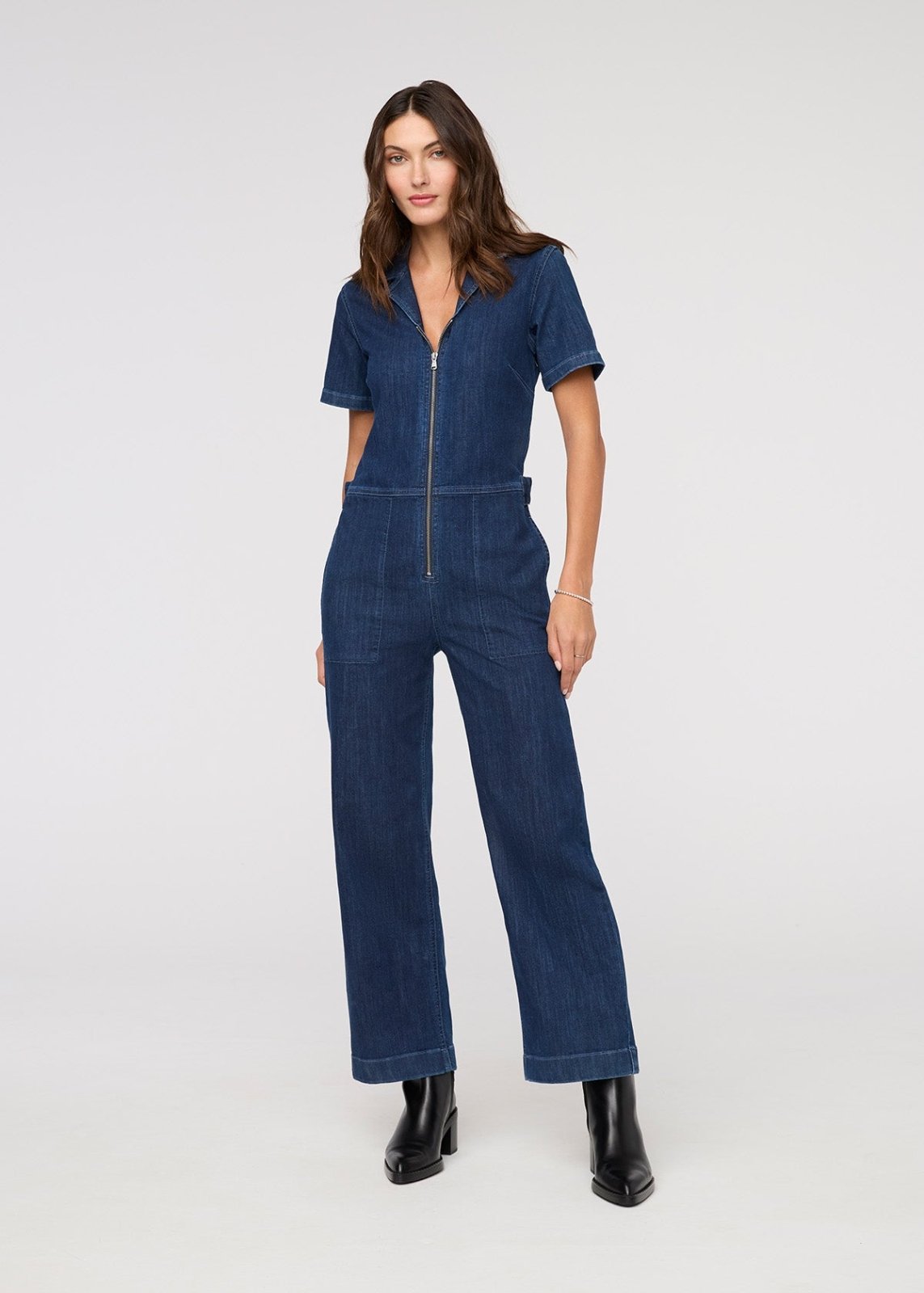 Duer Women's Performance Denim Short Sleeve Jumpsuit - Dark Stone - $159.00 at DUER
