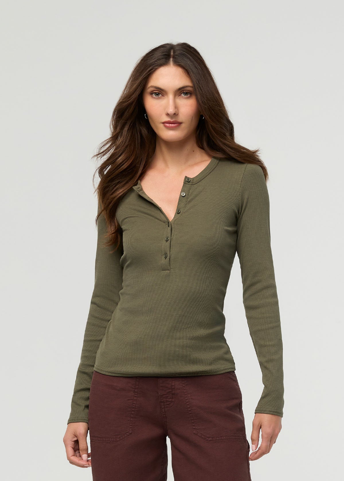Duer Women's Ribbed Pima Long Sleeve Henley - Kelp - $55.00 at DUER