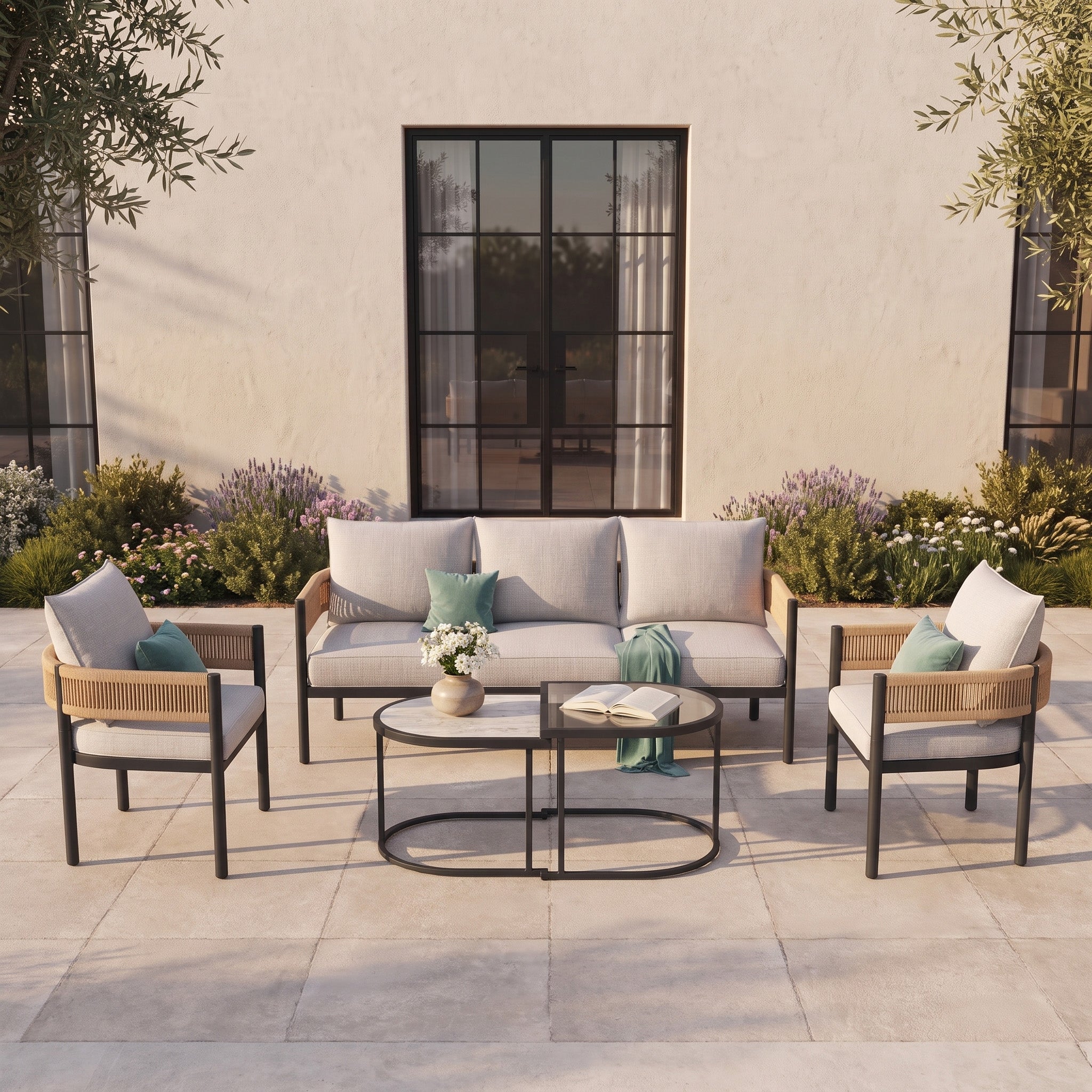 Maine Wicker Conversation Sofa Set with Cushions