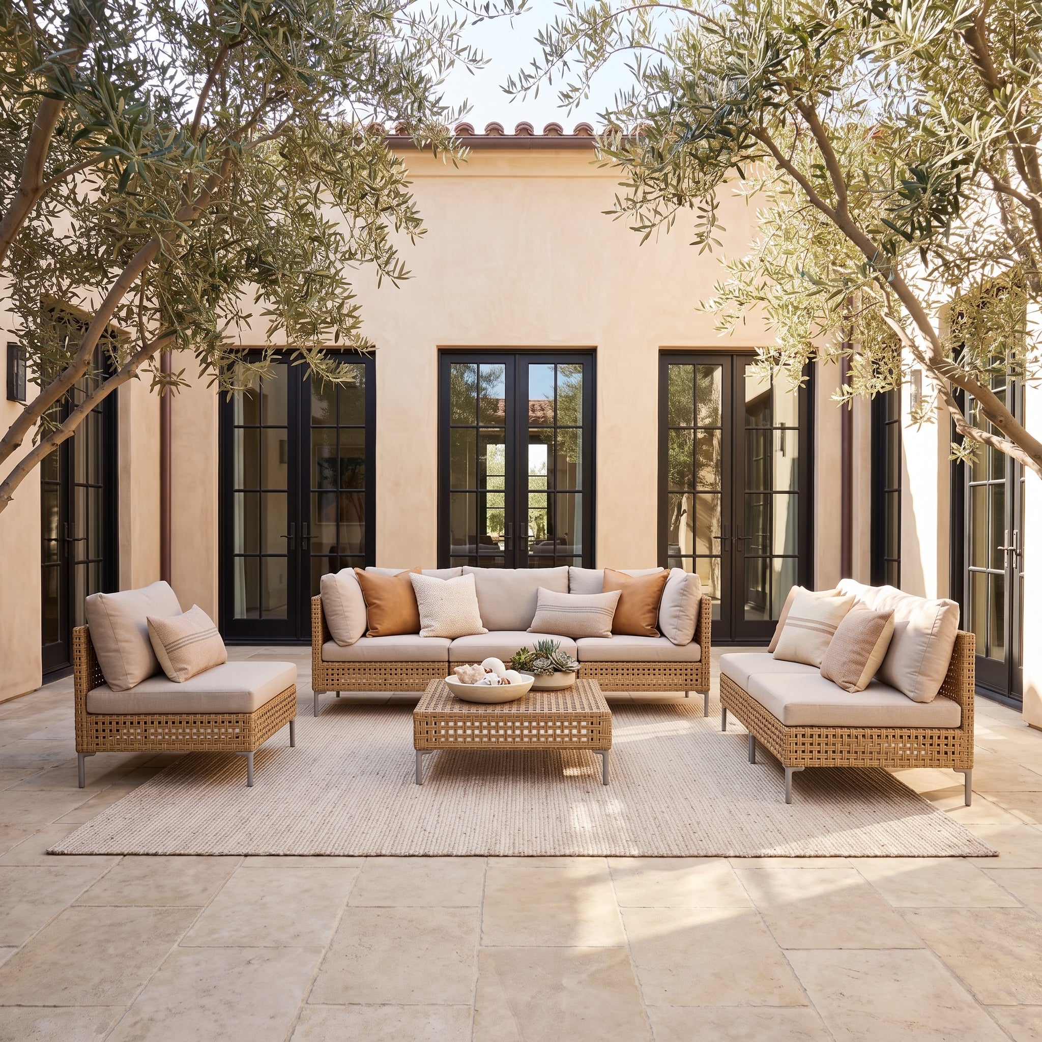 6-Seat Conversation Sofa Set, Wicker Outdoor Sectional with Thick Beige Cushions