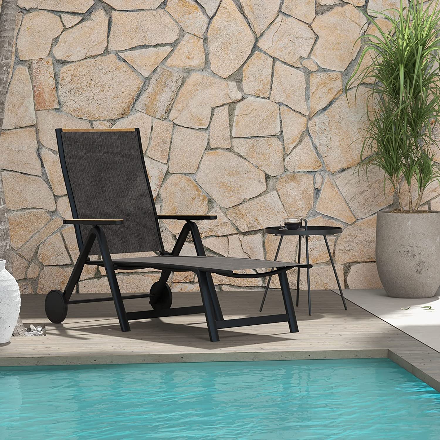 Grand Patio Outdoor Chaise Lounge Chair with 6-Position Adjustable Sling Backrest, Aluminum Folding Portable Wood Grain Chair with Wheels for Beach, Backyard, Poolside, Lawn - $149.99 at Grand Patio