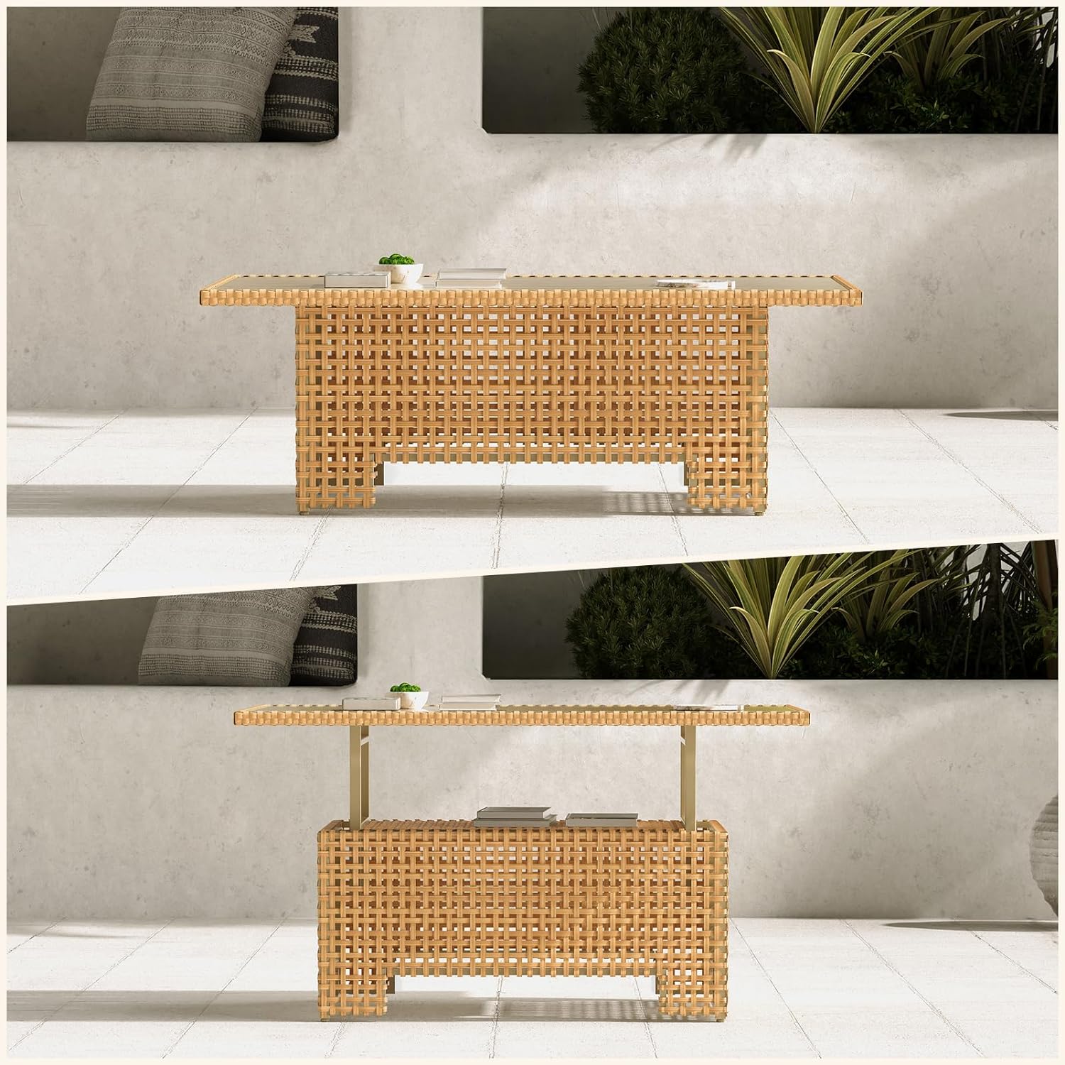 Grand Patio Outdoor & Indoor Coffee Dining Table - All-Weather Resin Wicker Rattan, Adjustable Steel Slat Lift Top - $329.99 at Grand Patio