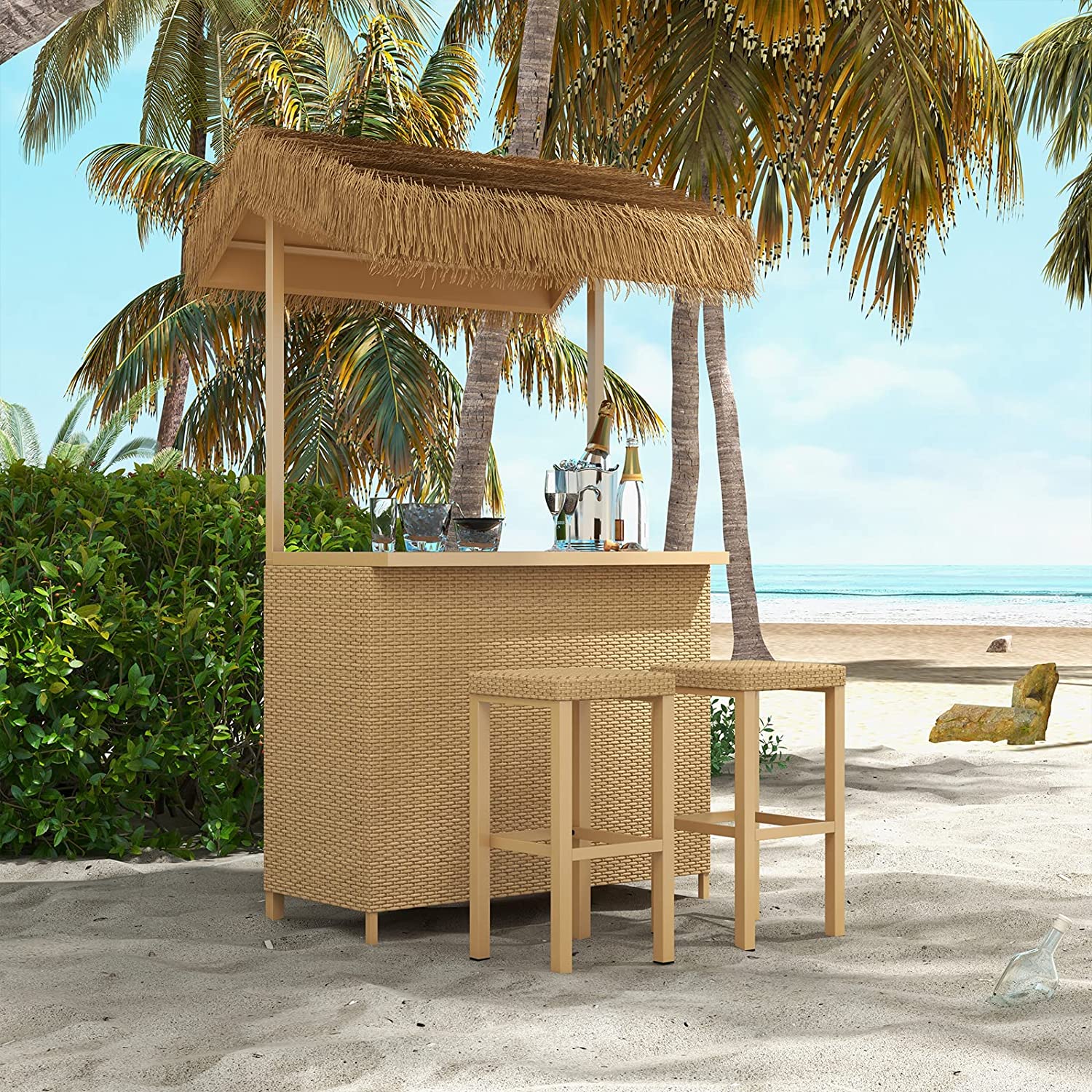 Grand Patio Outdoor Phuket 3 Pieces Resin Wicker Ceramic Steel Storage Tiki Bar and Stools - $39.99 at Grand Patio