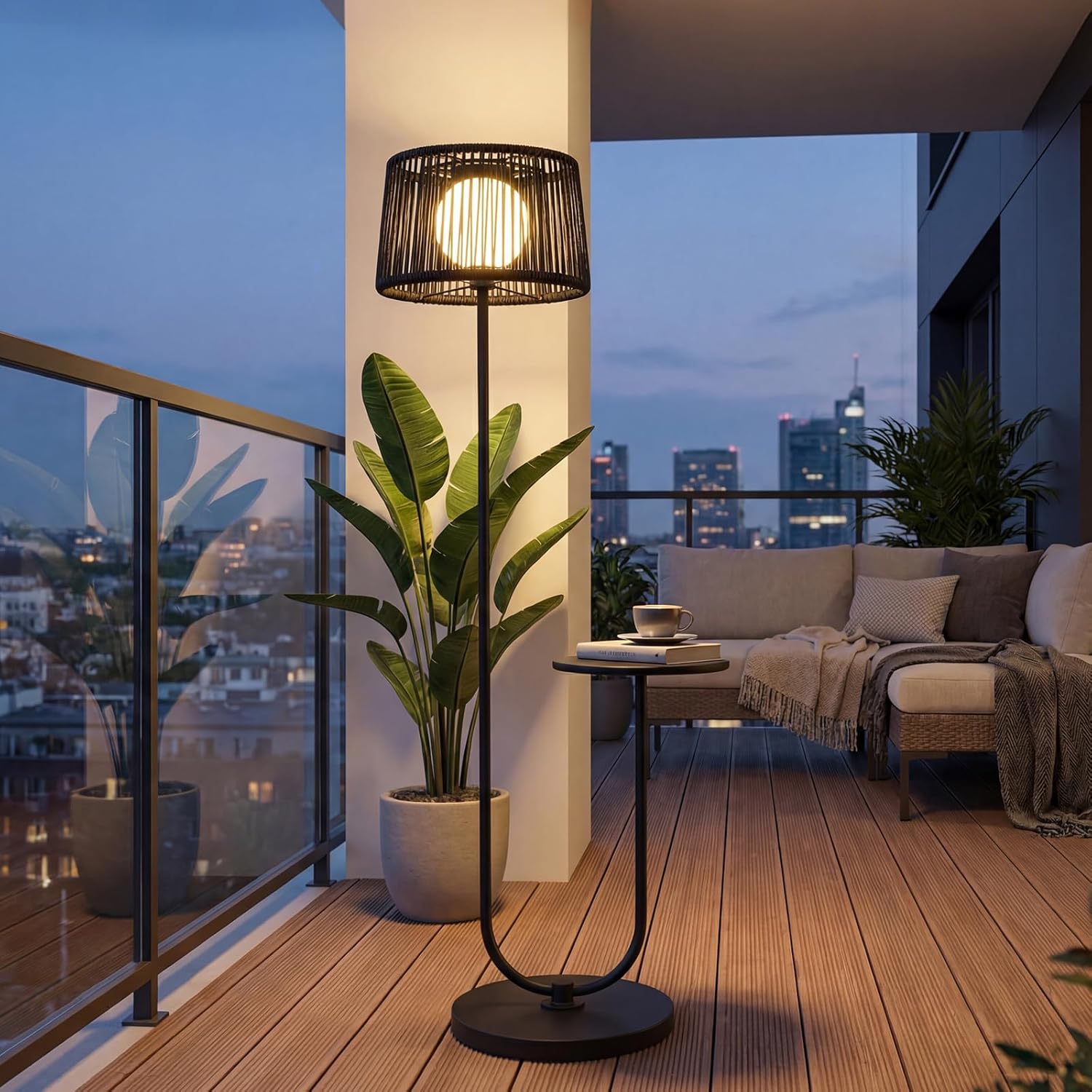 Grand Patio Solar Yard Outdoor Floor Lamp with Side Table, U-Shaped Modern Metal Outdoor Lamp, 3000K Warm White, IP56 Waterproof - $109.99 at Grand Patio
