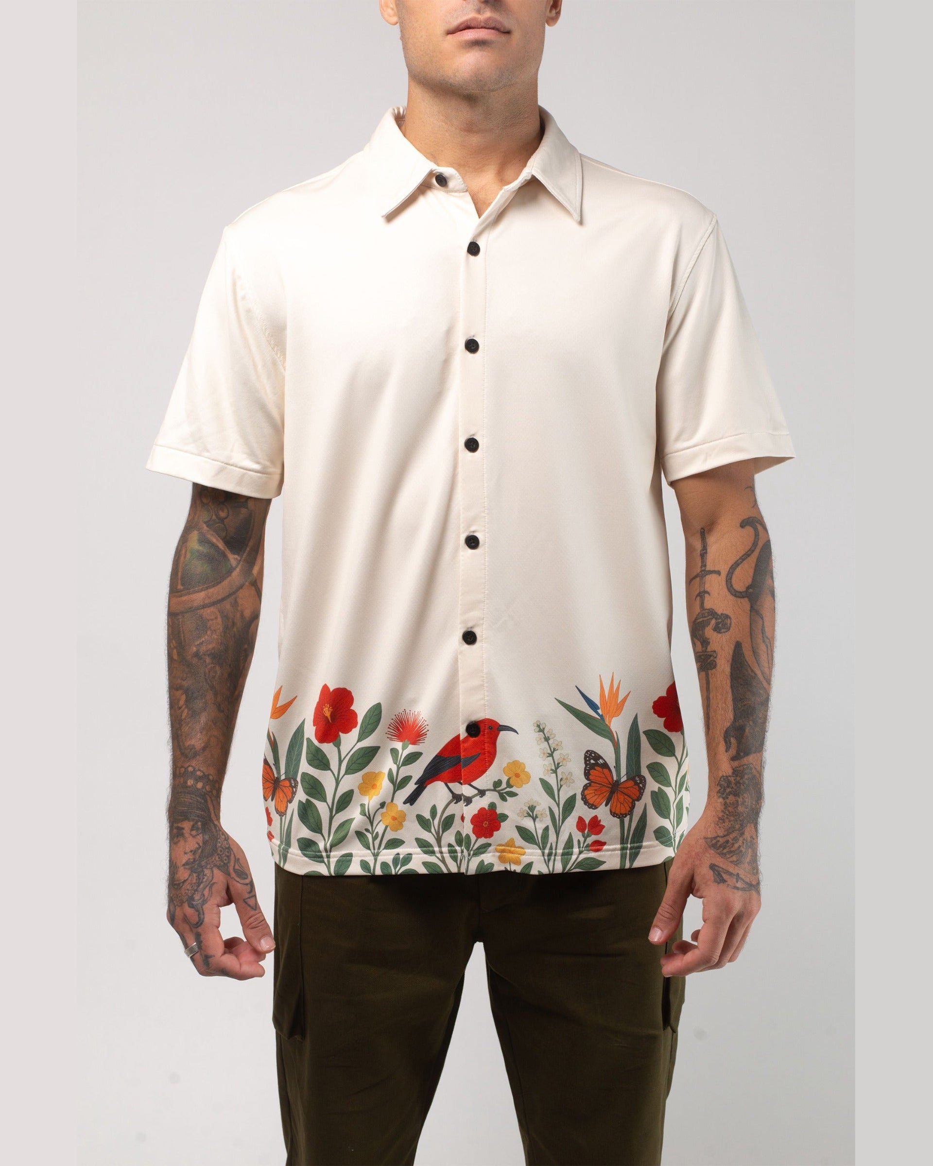 Vast. Aqua Terra Floral Fauna and Forest Tech Button Up Shirt - Sand Multi - $65.00 at Jack's Surfboards