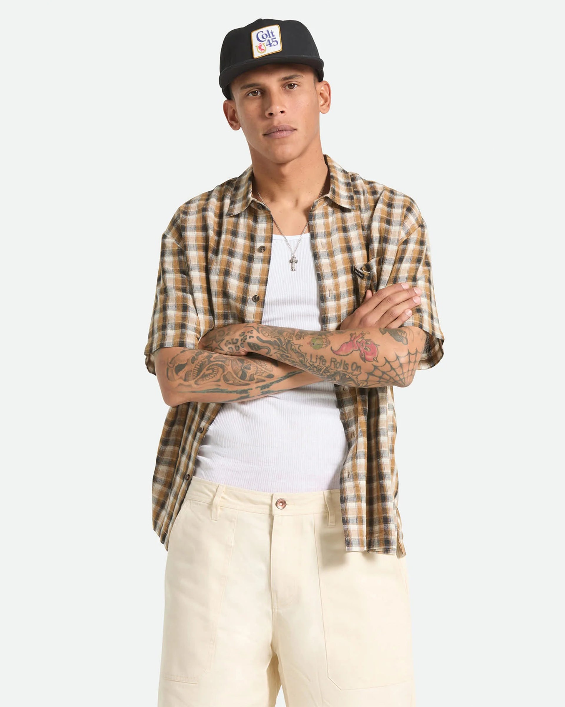Brixton Cru Linen Blend Plaid S/S Shirt - Black/Tobacco Plaid - $69.00 at Jack's Surfboards