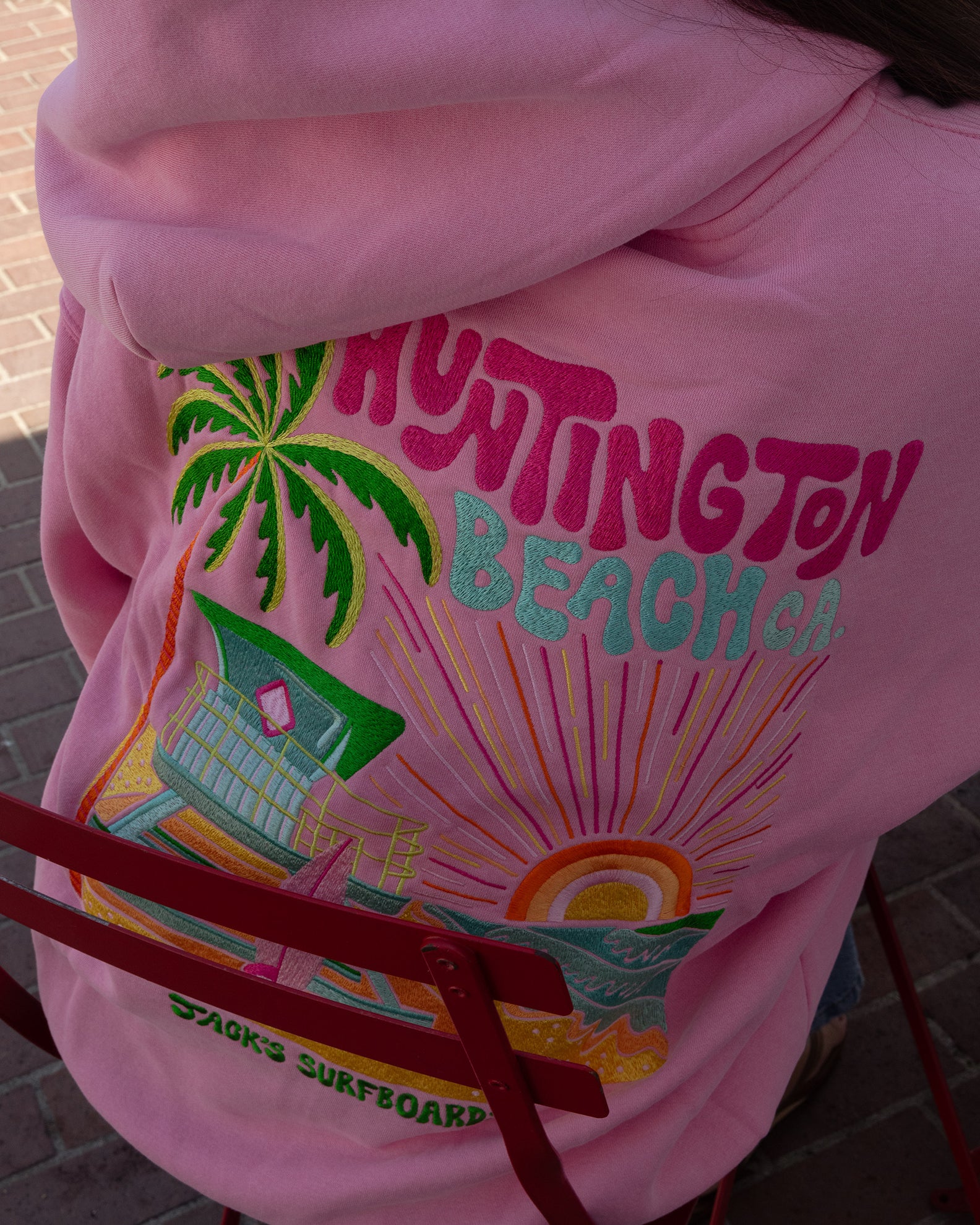 HB Tower Palm  Embroidered Pullover Hoodie - Bubblegum
