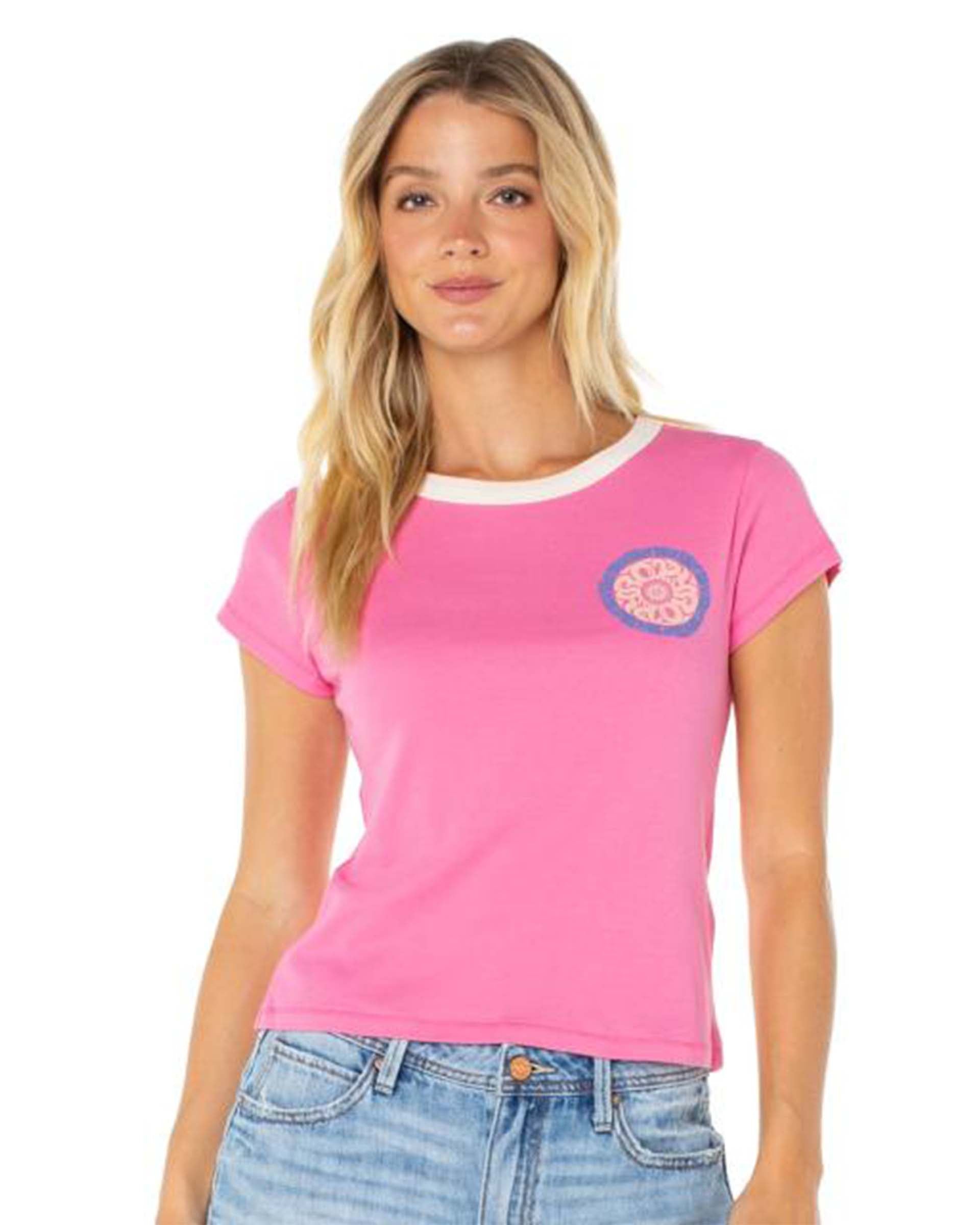 Women's Surf Life 90's Baby Ringer Tee - Shocking Pink