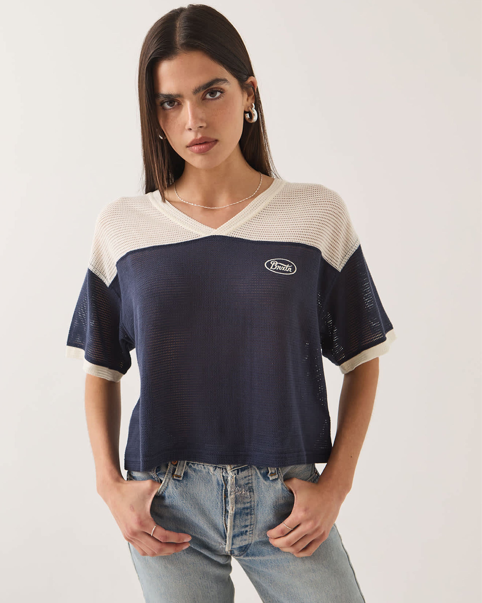 Women's Varsity Mesh S/S T-Shirt - Off White/Washed Navy