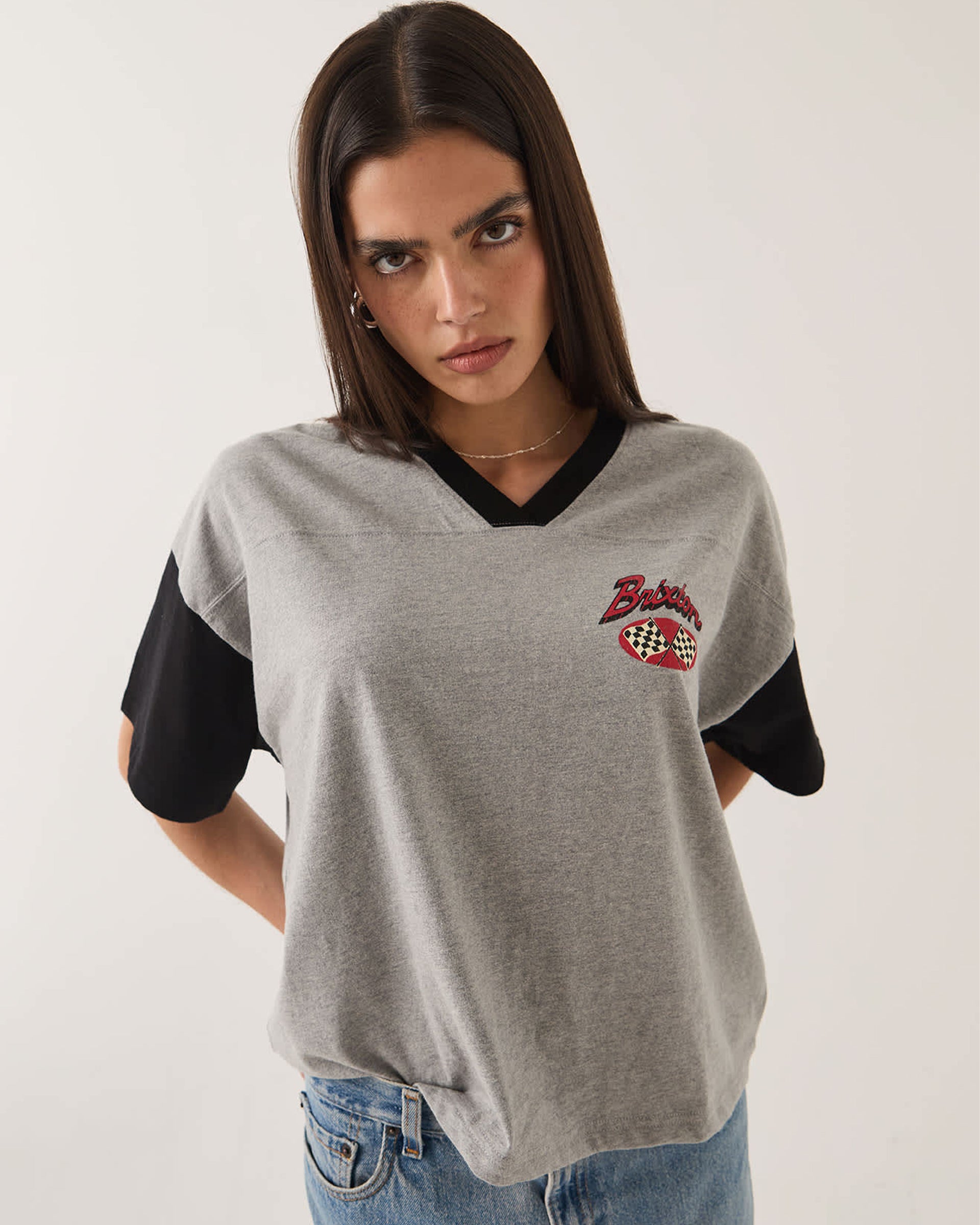 Women's Winner Circle Boxy Football T-Shirt - Heather Grey/Black