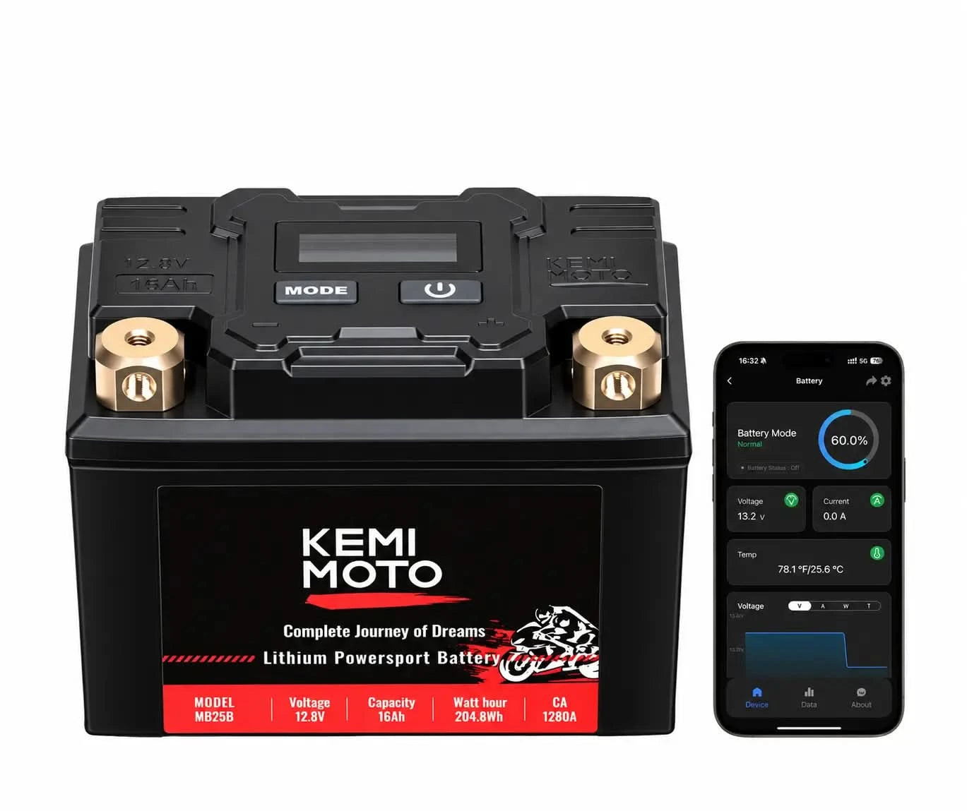 Kemimoto 12V 16Ah Wireless Connection Powersports LiFePO4 Battery For Motorcycle ATV UTV - $299.99 at Kemimoto.com