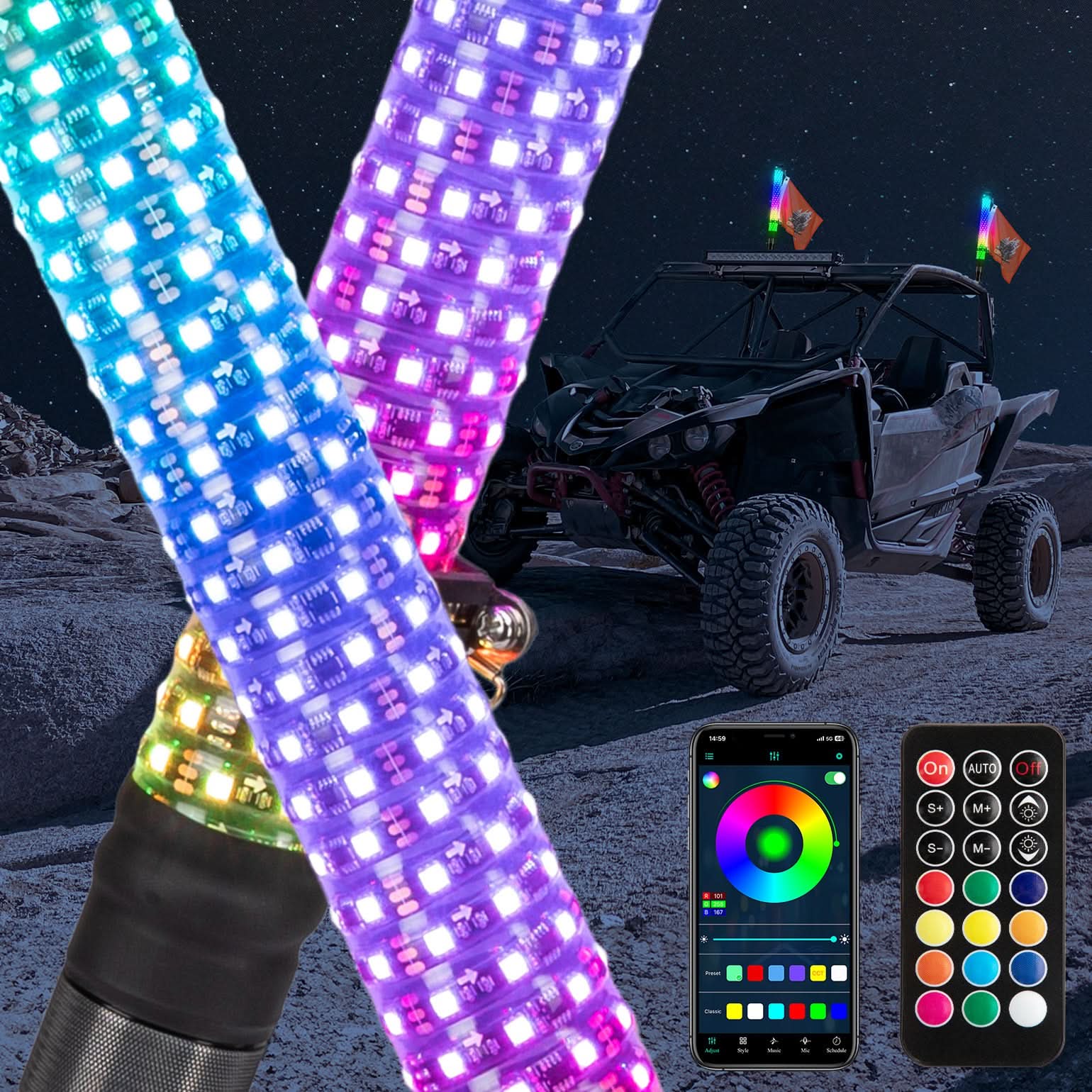Kemimoto 2PC 2FT Fat Whip Lights w/Turn Signal Function for UTV ATV Boat - $149.99 at Kemimoto.com
