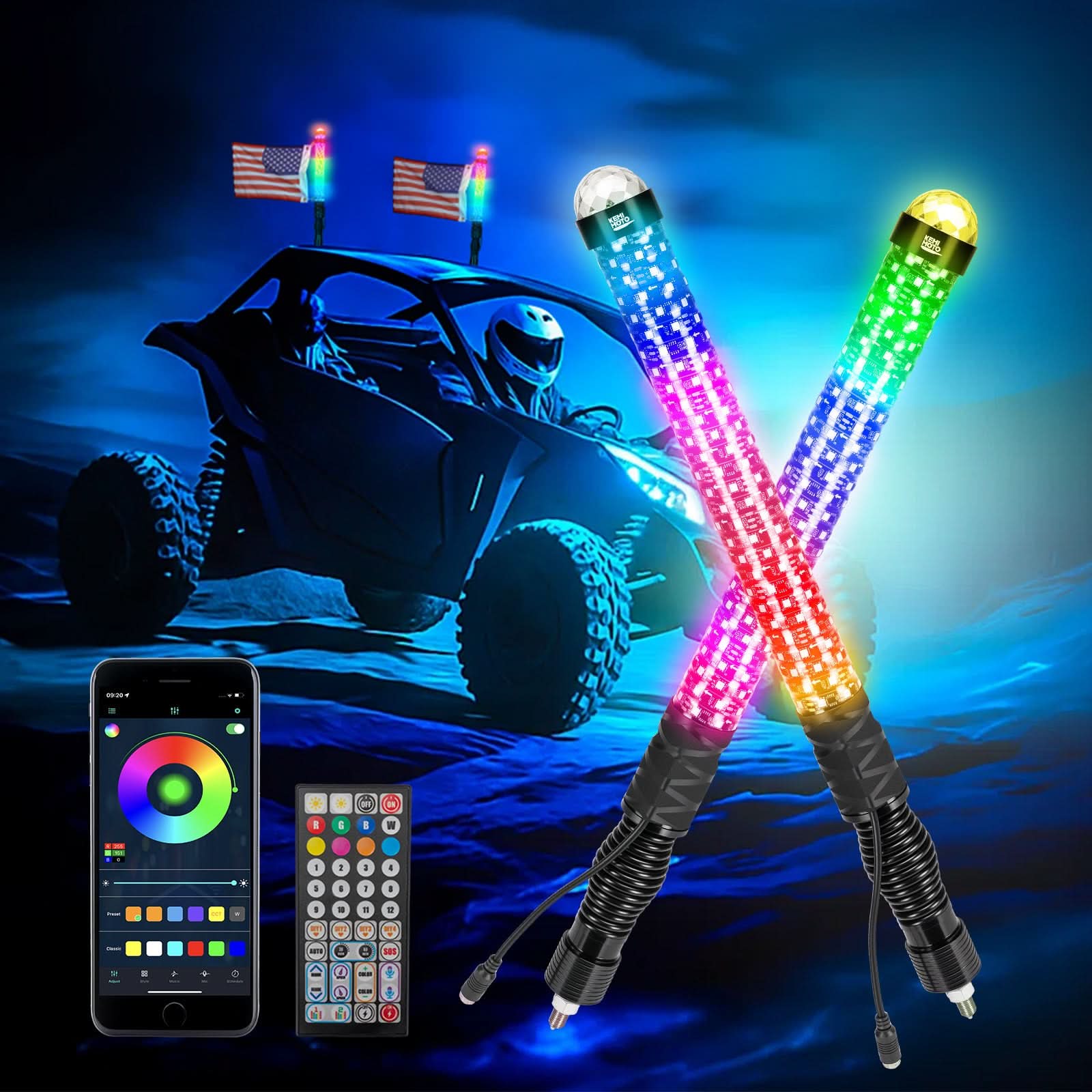 Kemimoto 2PCS 2FT LED Whip Lights RGB Spiral Chasing for UTV ATV Can-Am Polaris - $149.99 at Kemimoto.com