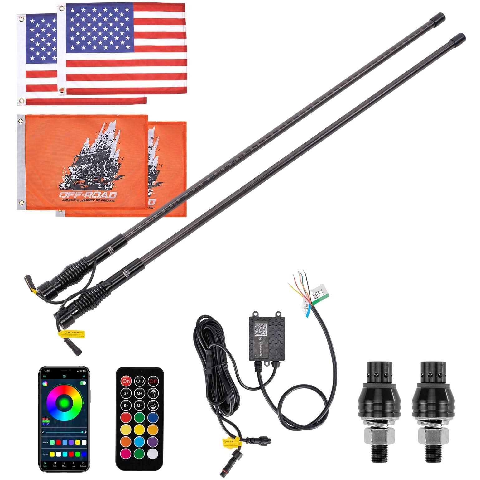 Kemimoto UTV LED Whip Lights 3FT (2PCS) – APP Control, Signal Sync, Spring Base – Fits Maverick X3, Polaris RZR, Talon - $120.99 at Kemimoto.com