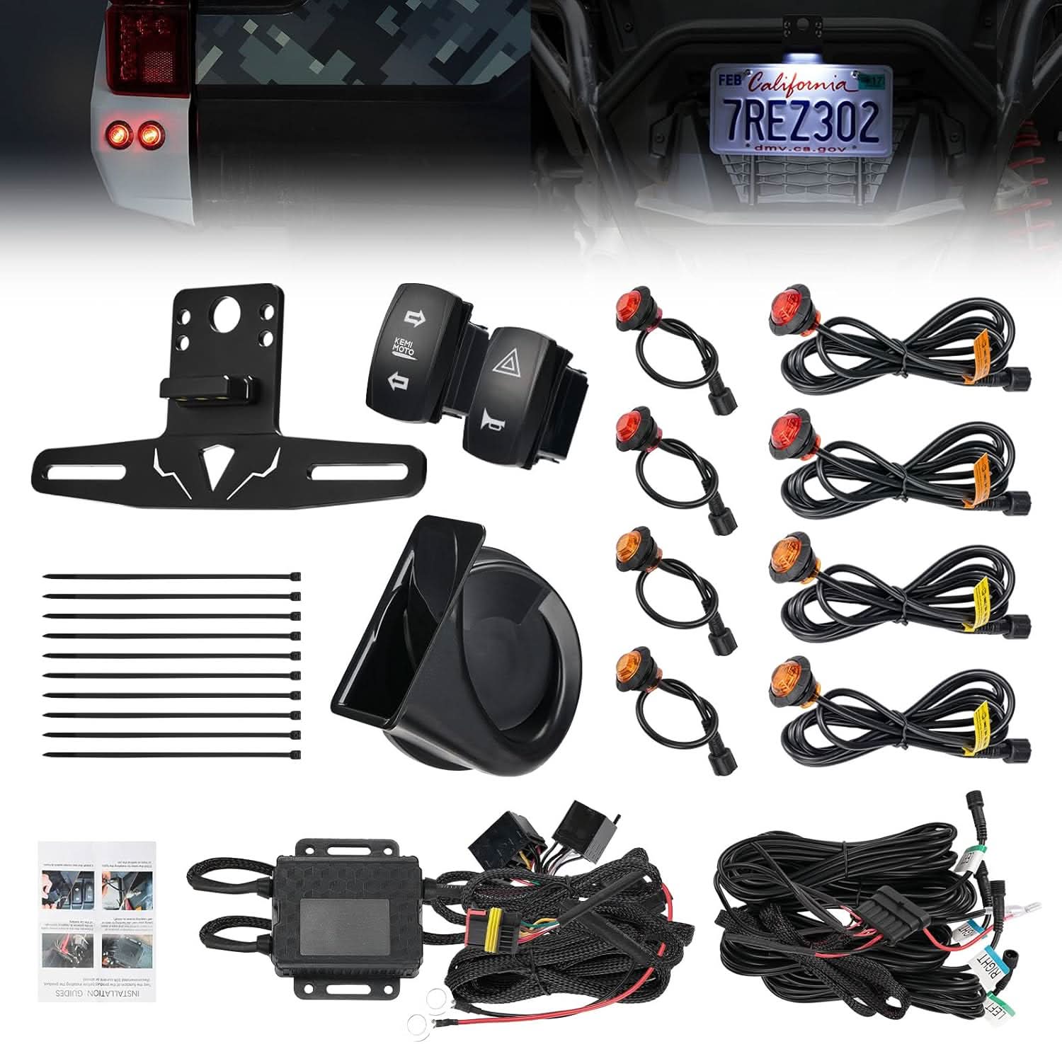 Kemimoto 4 Amber & 4 Red Round UTV Turn Signal Light Kit with Horn & License Plate Holder for Polaris, Can-Am, Teryx, CFMOTO - $104.99 at Kemimoto.com