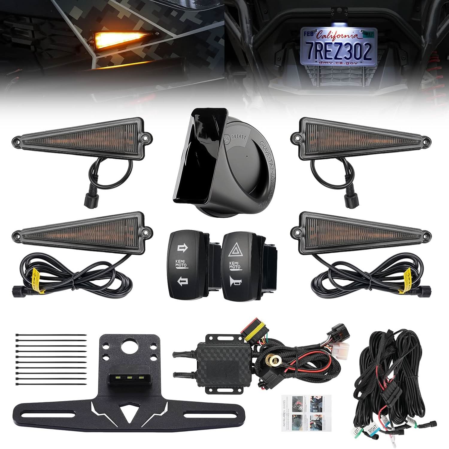 Kemimoto 4 Triangle UTV Turn Signal Light Kit with Horn & License Plate Holder for Polaris, Can-Am, Teryx, CFMOTO - $105.99 at Kemimoto.com