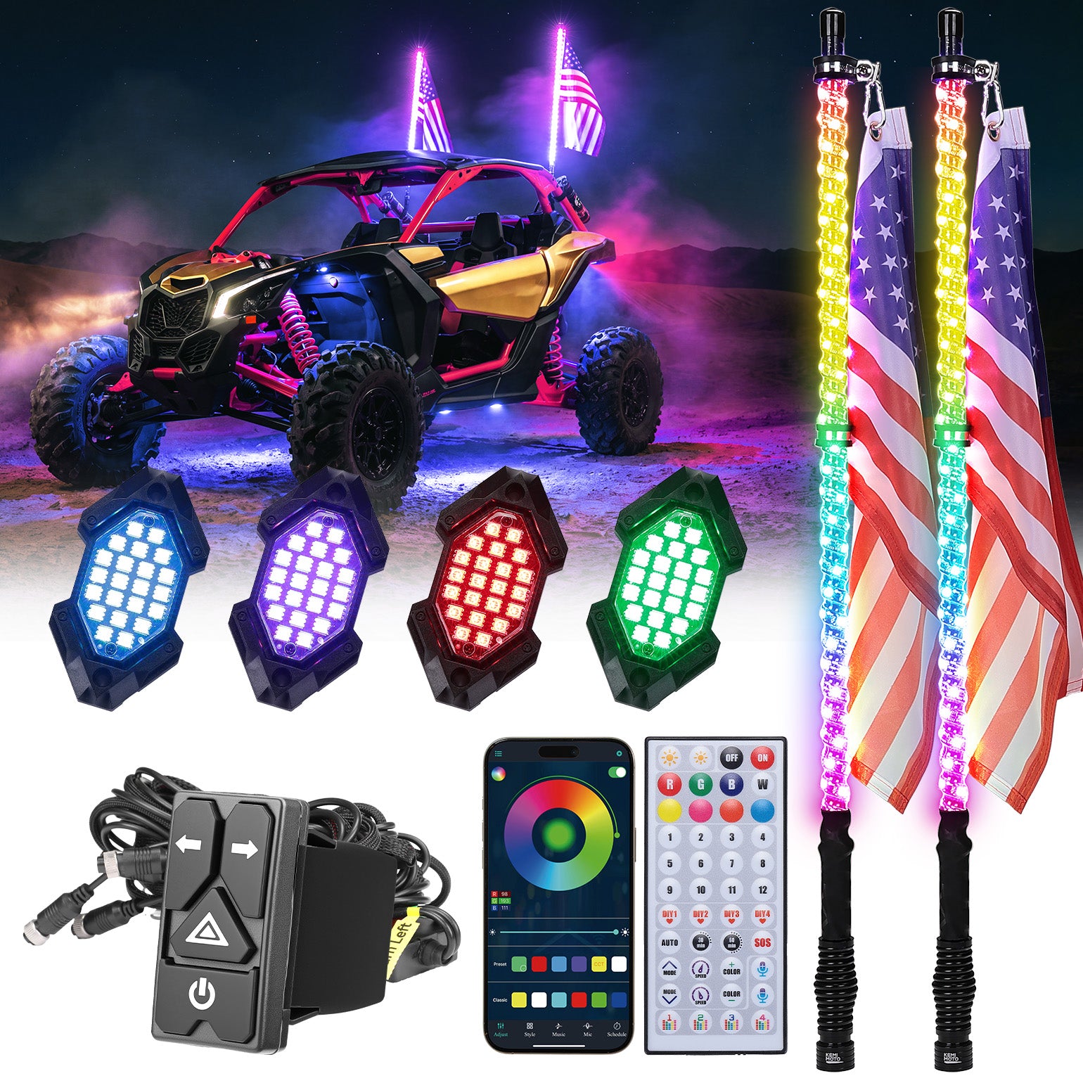 Kemimoto 4FT LED Whip Lights & Rock Lights Combo Kit for UTV & ATV - $159.99 at Kemimoto.com
