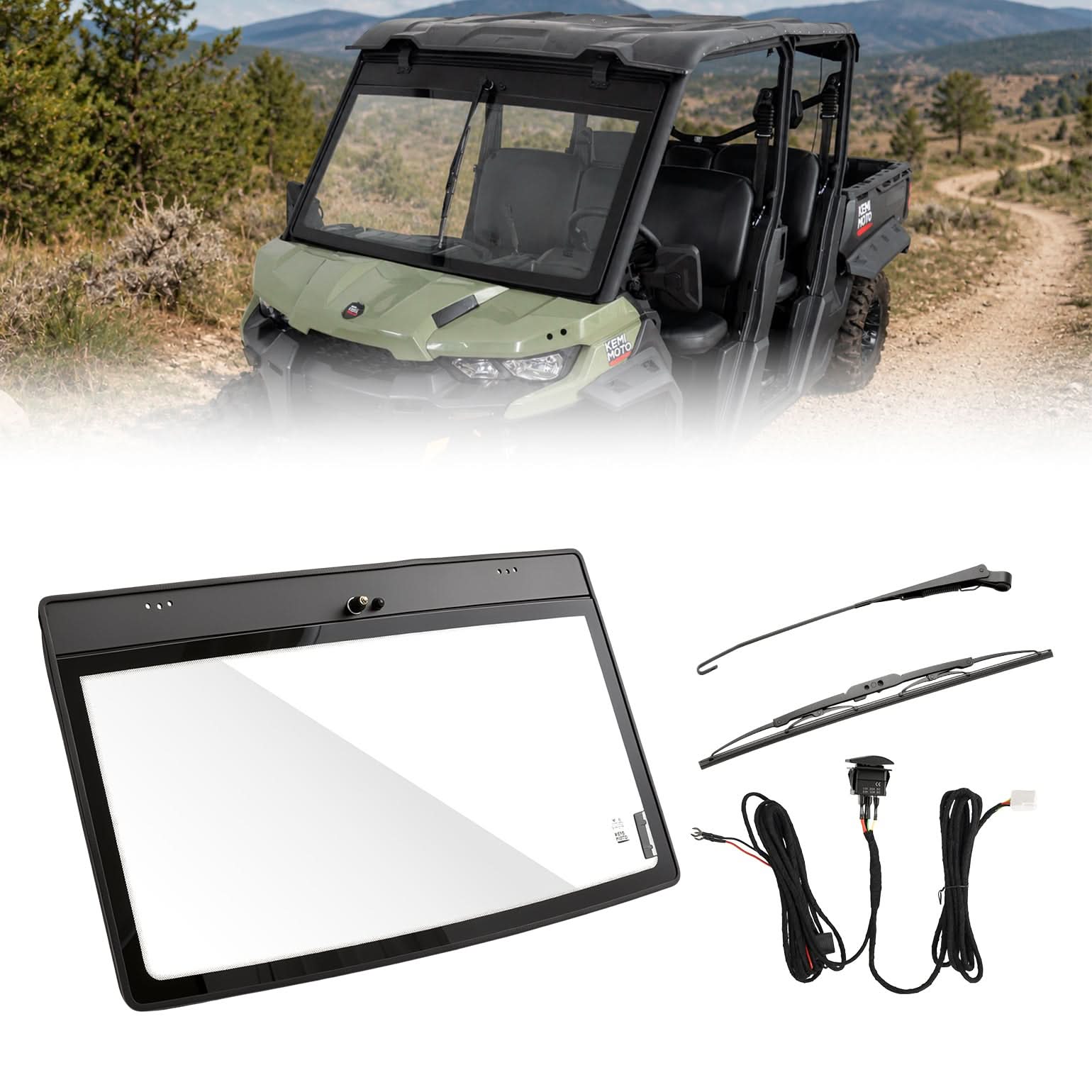 Kemimoto 7mm Laminated Glass Windshield with Electric Wiper for Can-Am Defender & Defender MAX - $726.99 at Kemimoto.com