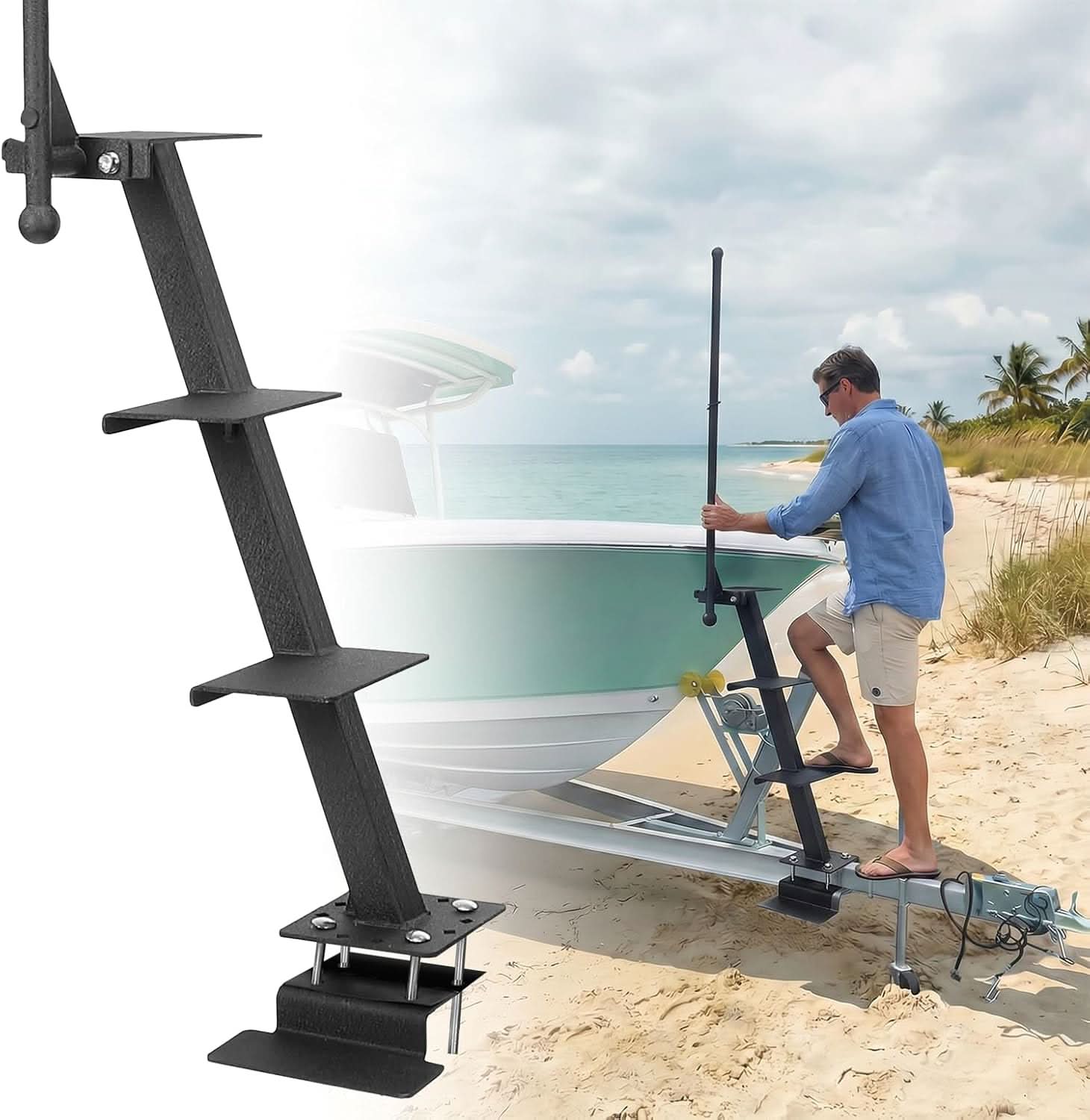 Kemimoto Boat Trailer 4-Step Boarding Ladder with Handrail for Bass Boat Pontoon and Aluminum Trailers - $155.99 at Kemimoto.com
