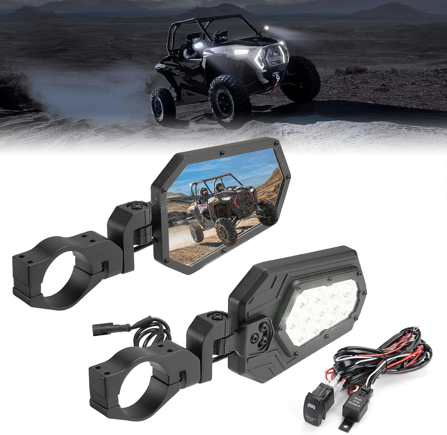 Aluminum UTV Side Mirrors Lights for Can Am Maverick X3/ RZR w/ 1.75"-2" Roll Bar