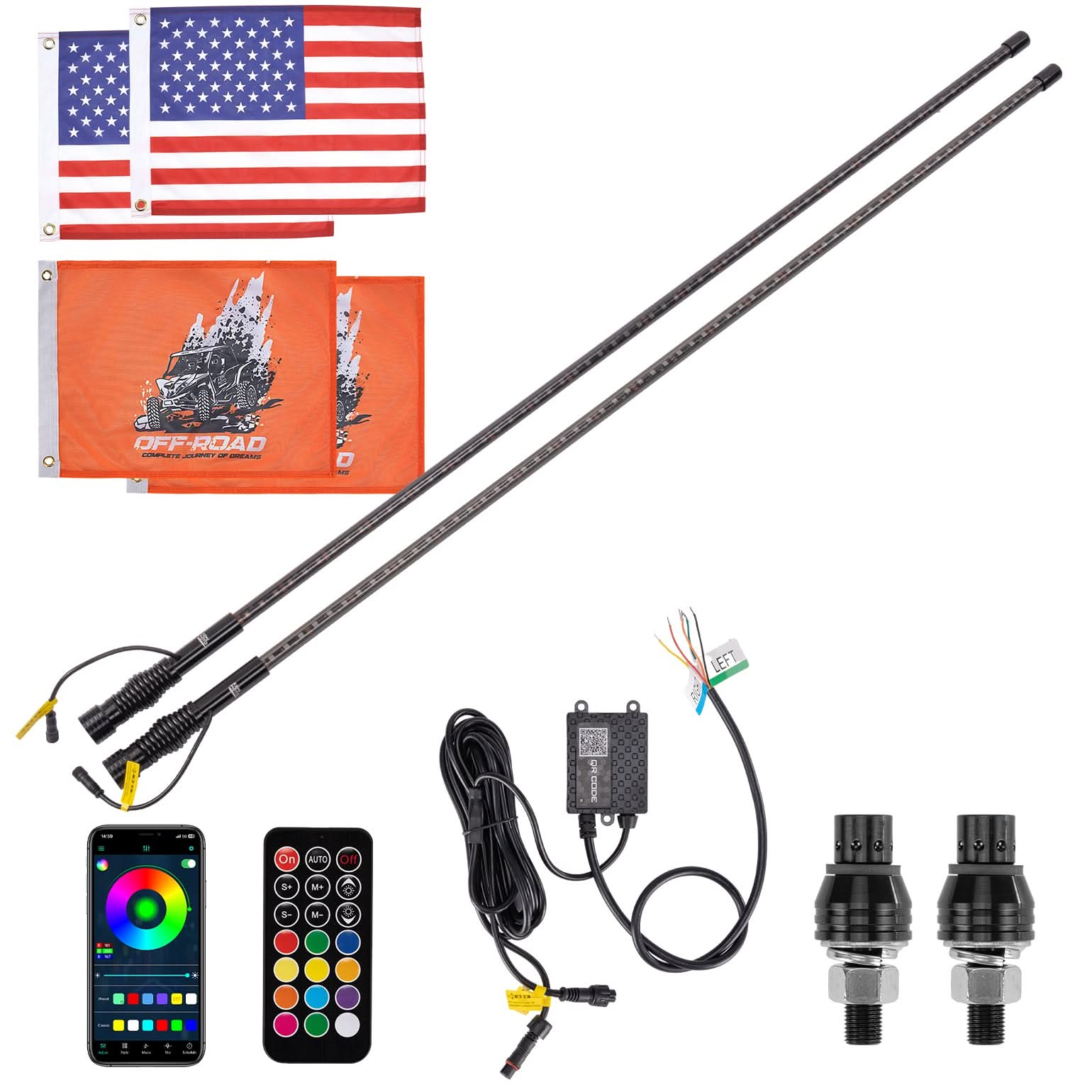 Kemimoto LED Whip Lights (2PCS) – APP Controlled with Turn/Brake/Reverse Signal Sync, Spring Mount – For UTV/ATV - $100.99 at Kemimoto.com