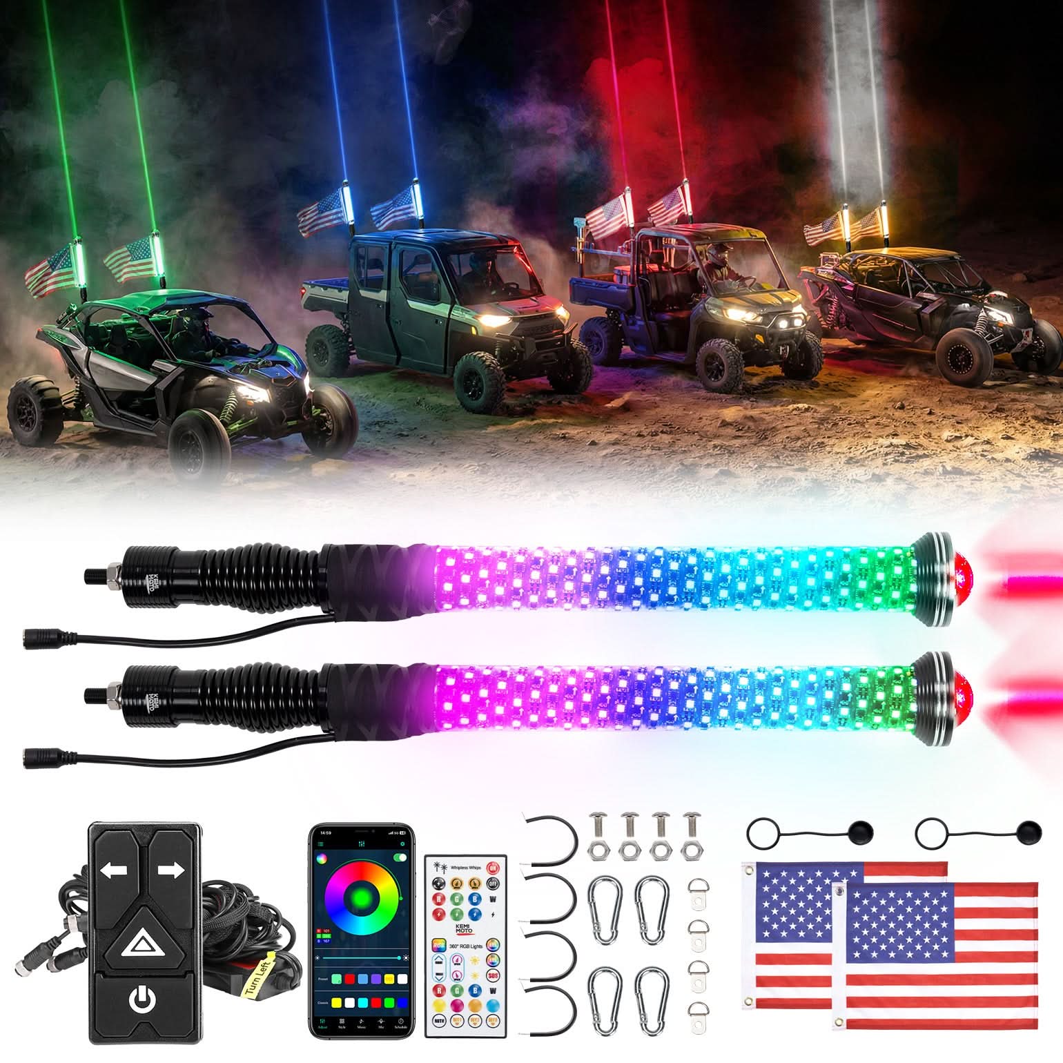 Kemimoto UTV/ATV Universal 2-in-1 2PCS 2FT RGB Whipless LED Whip Lights - $299.99 at Kemimoto.com
