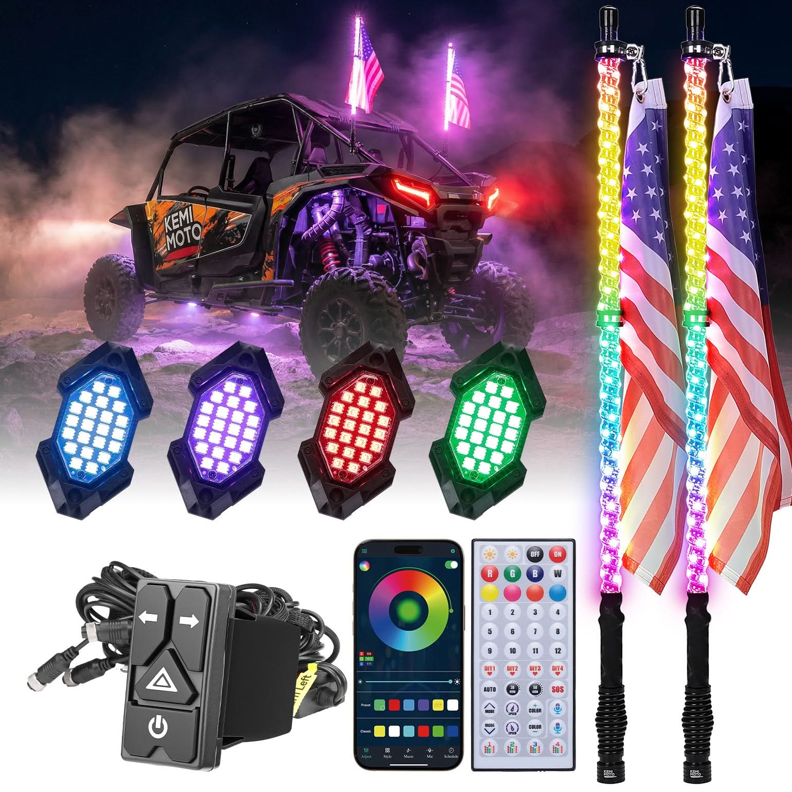 Kemimoto UTV/ATV Universal 3FT LED Whip Lights & Rock Lights Combo - $129.99 at Kemimoto.com