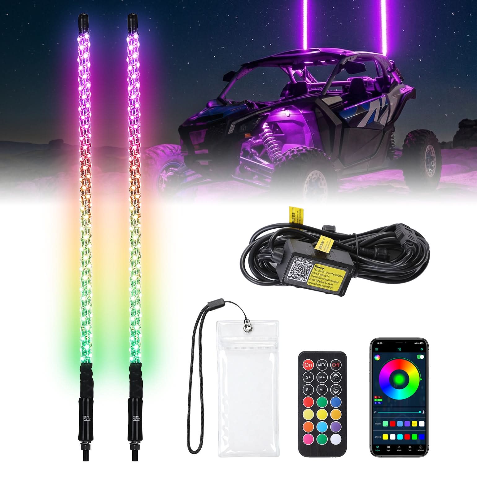 Kemimoto UTV/ATV Universal 3FT RGB Spiral LED Whip Lights (2PCS) - $99.99 at Kemimoto.com