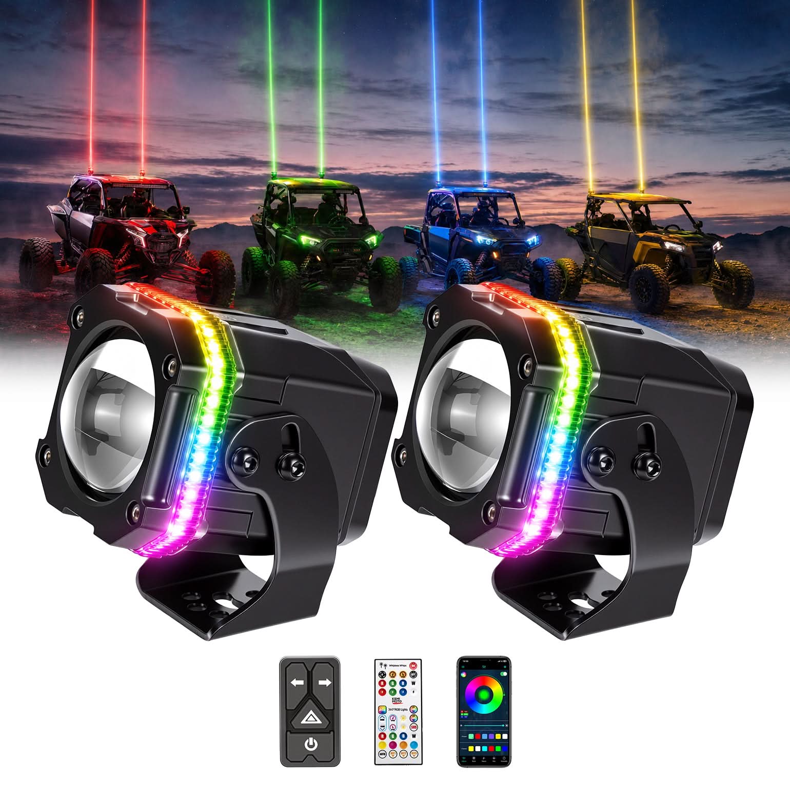 UTV/ATV Universal RGB Whipless LED Whip Lights with Turn Signal