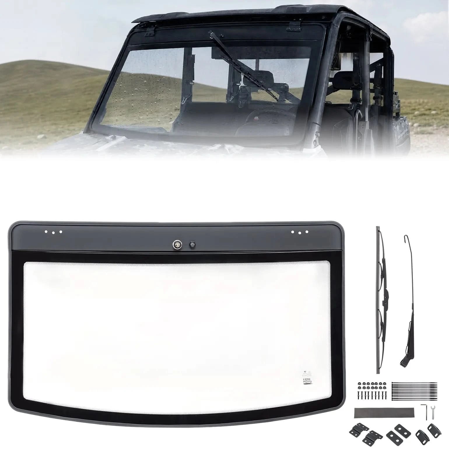 Kemimoto UTV 9/32" Glass Windshield with Trigger-Activated Electric Wiper for Polaris Ranger 1000 / XP 1000 / XP 900 & Crew 2013-2026 - $749.99 at Kemimoto.com