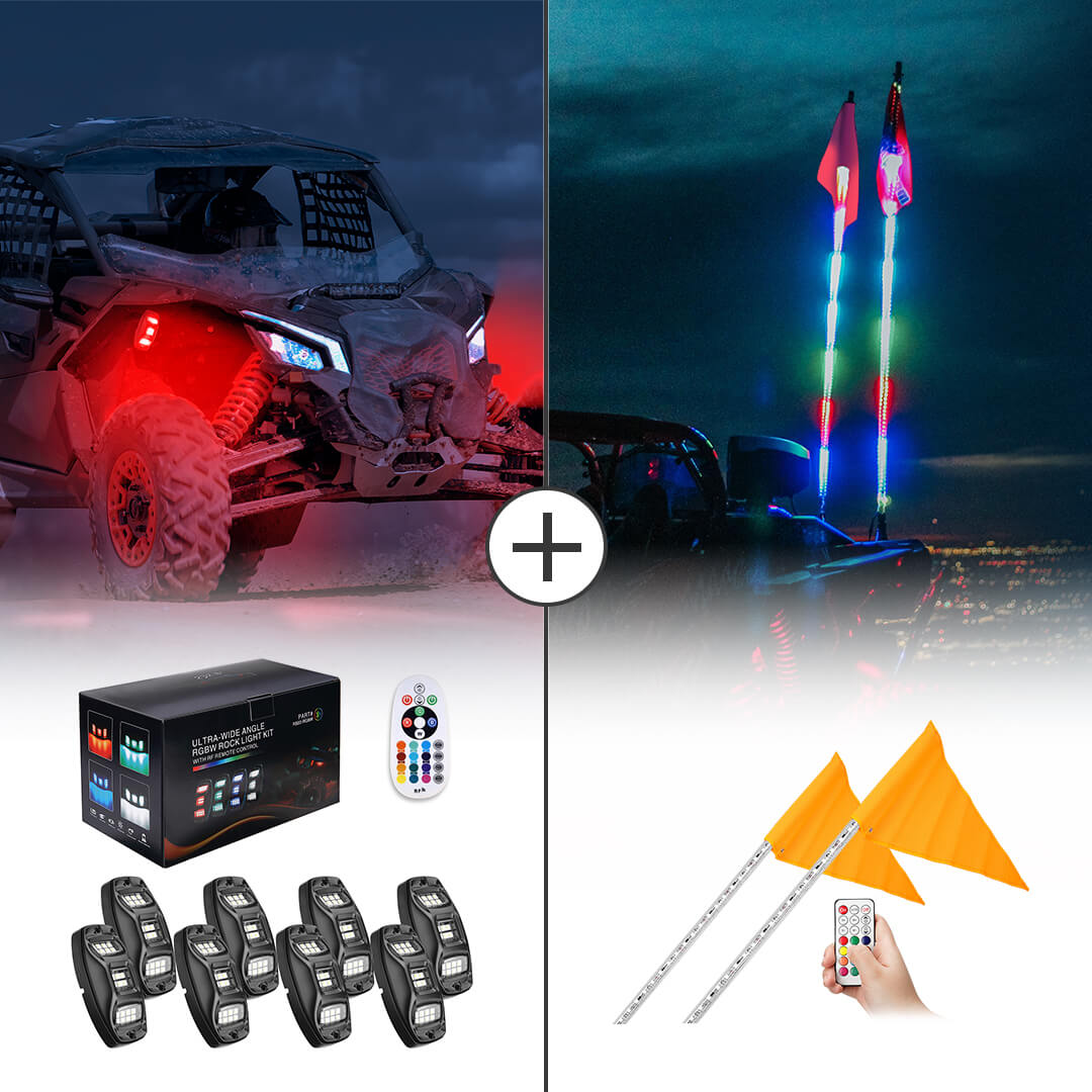UTV 4/8 Pod Rock Light Kit & 5FT Whip Lights for Polaris / Can-am / Kawasaki / Honda