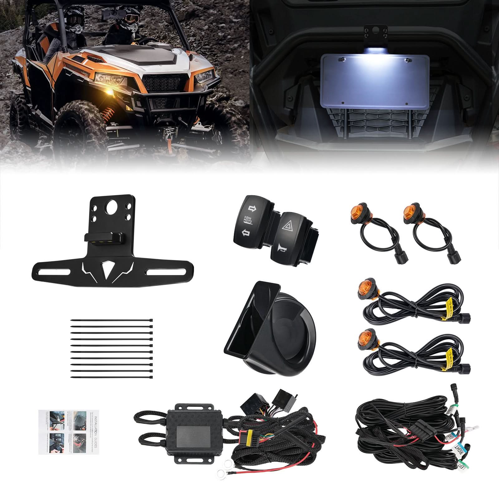 Kemimoto UTV Turn Signal Kit with 110D Horn and License Plate Holder with Light for Polaris, Can-Am, Teryx, CFMOTO - $89.99 at Kemimoto.com