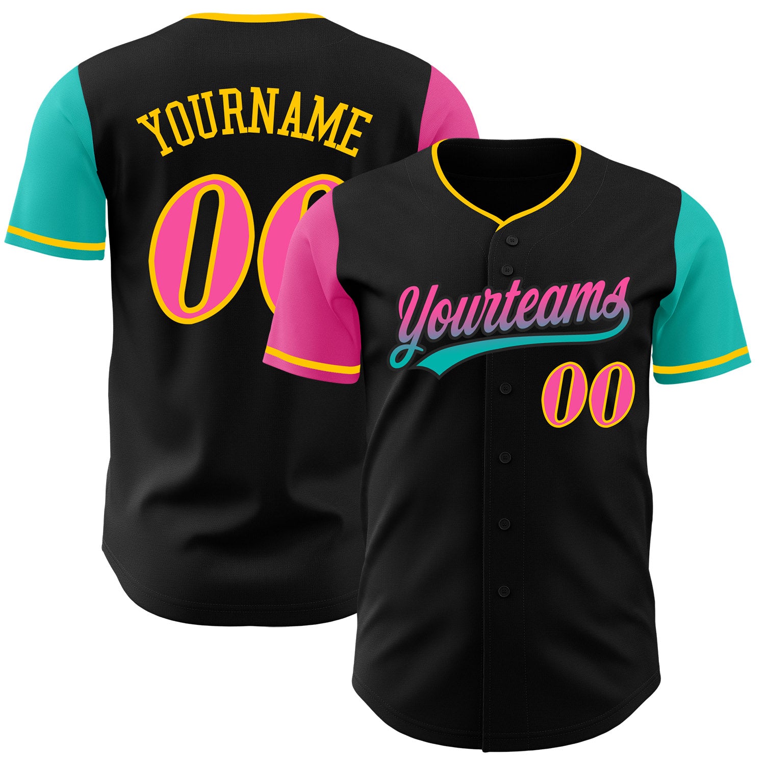 FansIdea Custom Black Pink Aqua-Yellow Two Tone Gradient Authentic Baseball Jersey - $29.99 at Proof Eyewear