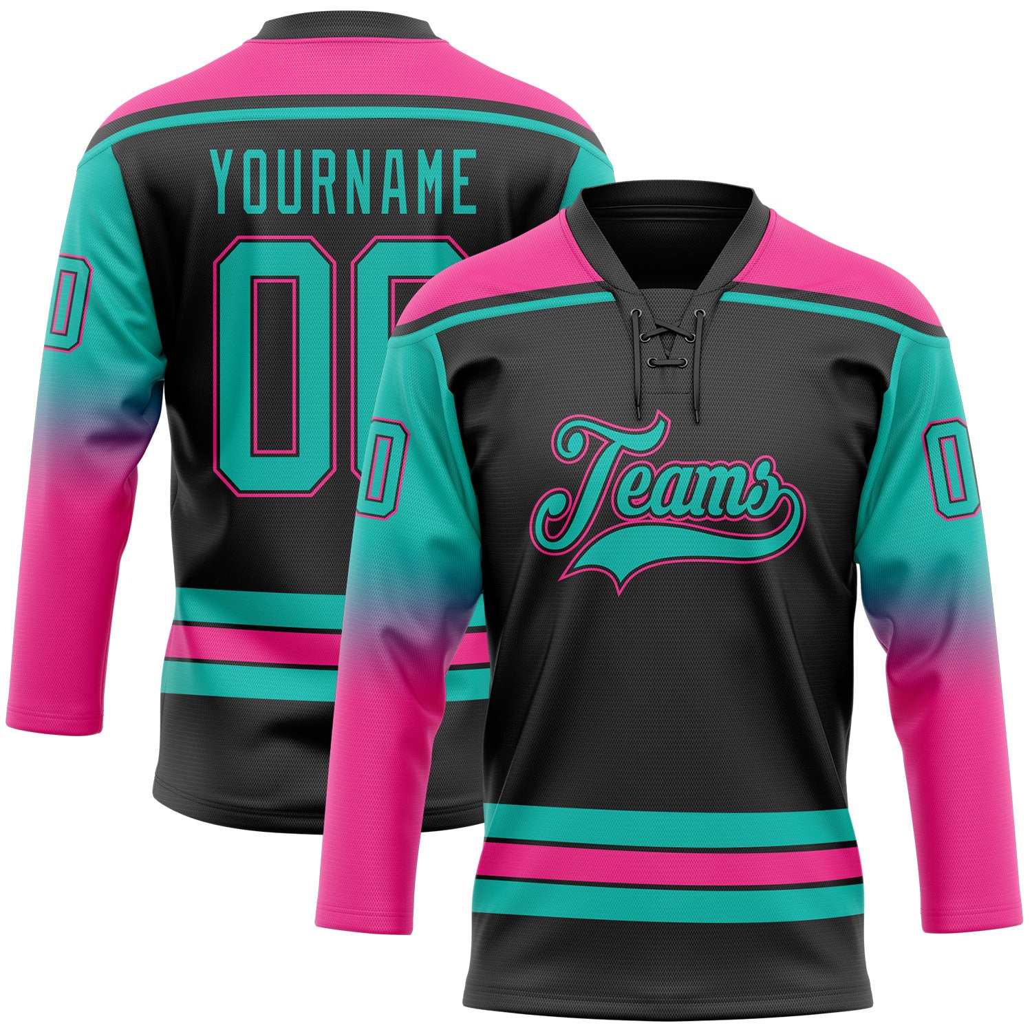 FansIdea Custom Black Aqua-Pink Gradient Sleeves Lace Neck Hockey Jersey - $29.99 at Proof Eyewear