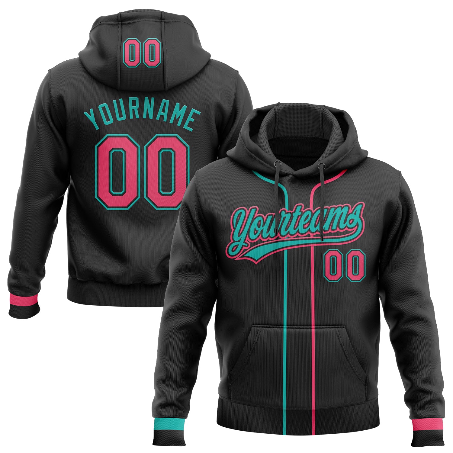 FansIdea Custom Stitched Black Neon Pink-Aqua Baseball Pullover Sweatshirt Hoodie - $29.99 at Proof Eyewear