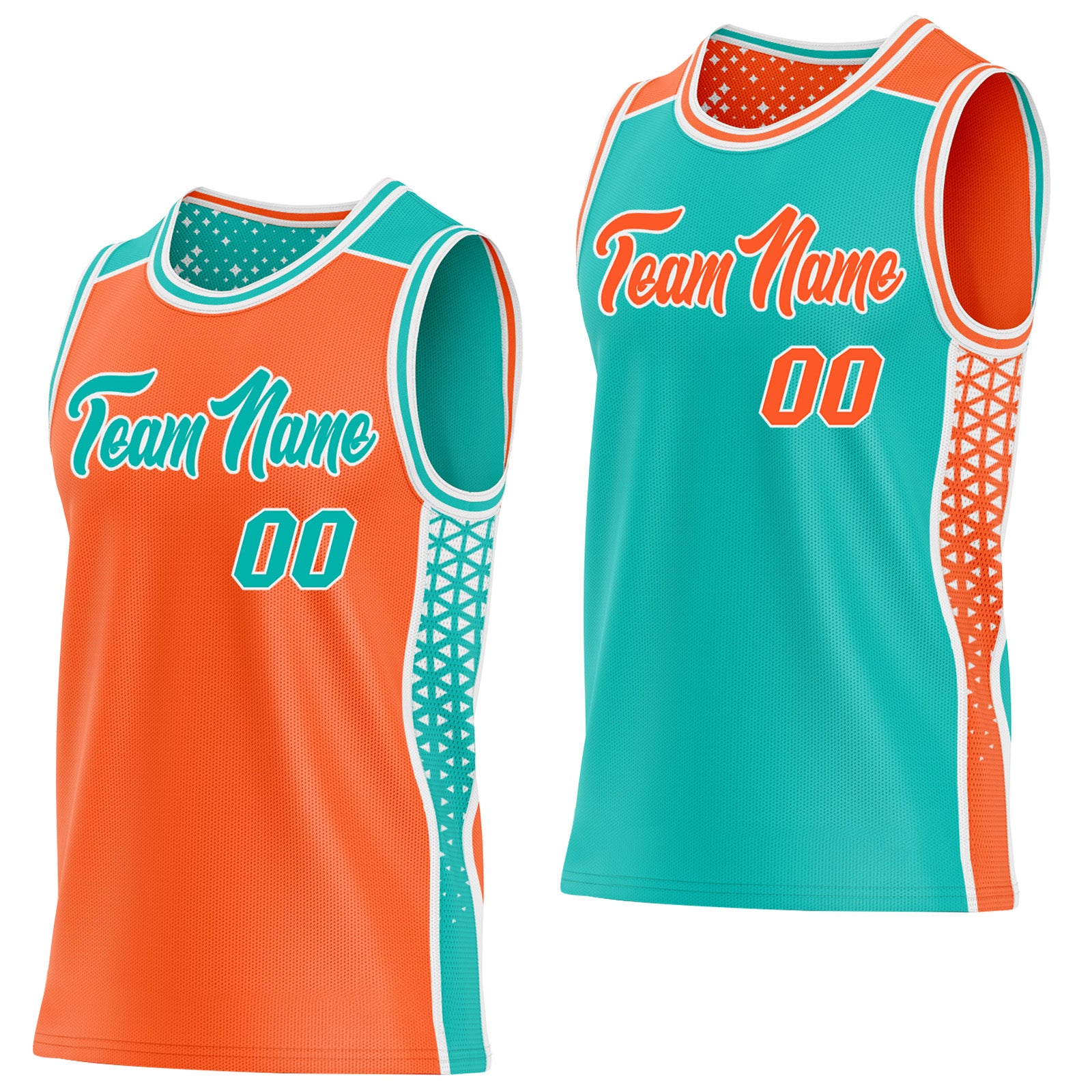 FansIdea Custom Orange Aqua-White Side Panel Stripe Geometric Triangle Gradient Dot Reversible Double Side Sublimation Basketball Set Jersey - $17.99 at Proof Eyewear