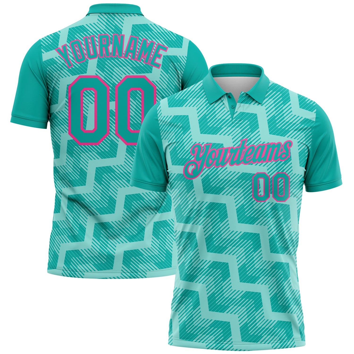 FansIdea Custom Aqua Ice Blue-Pink Geometric Block Diagonal Line Hatching Performance Polo Shirt - $19.99 at Proof Eyewear