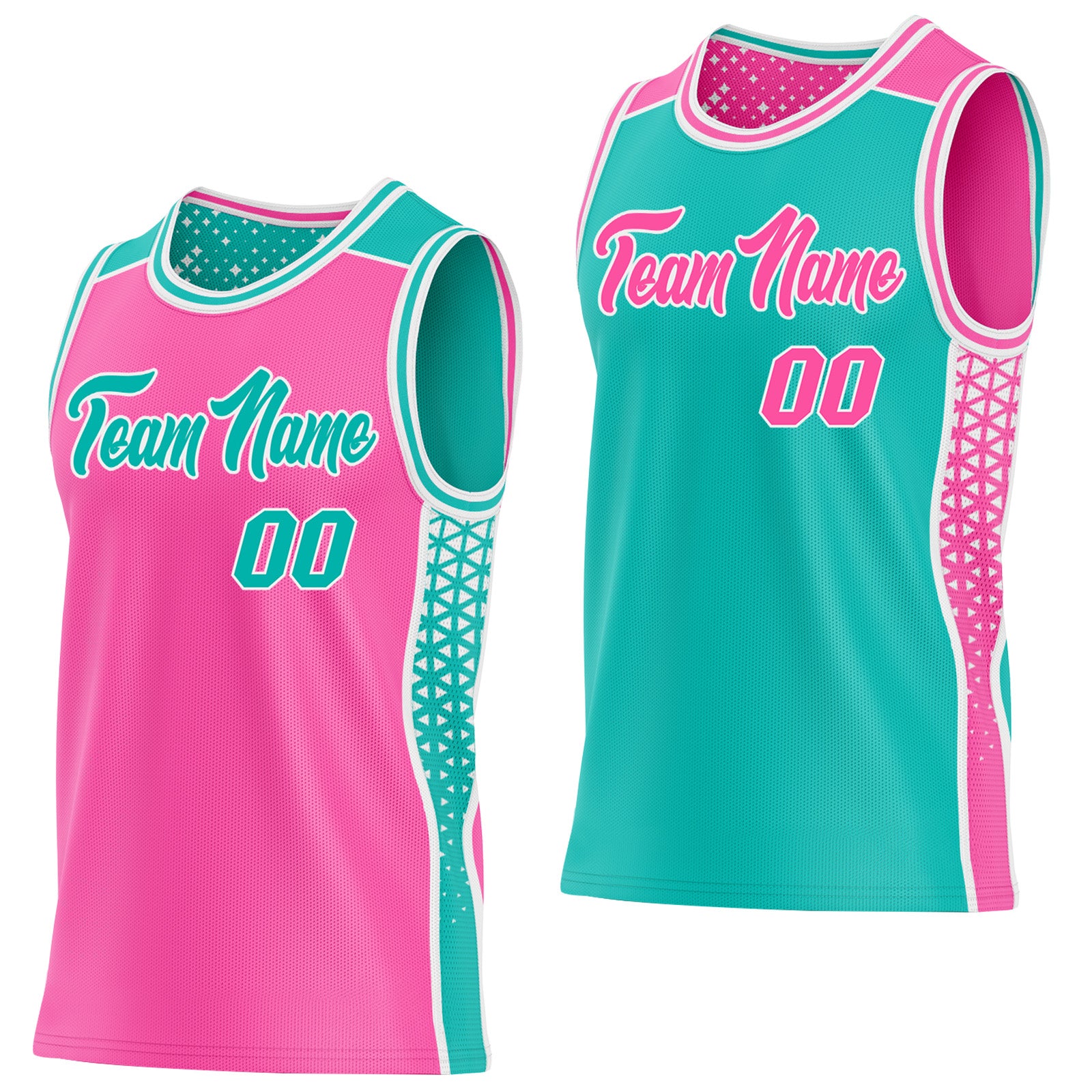 FansIdea Custom Pink Aqua-White Side Panel Stripe Geometric Triangle Gradient Dot Reversible Double Side Sublimation Basketball Set Jersey - $17.99 at Proof Eyewear