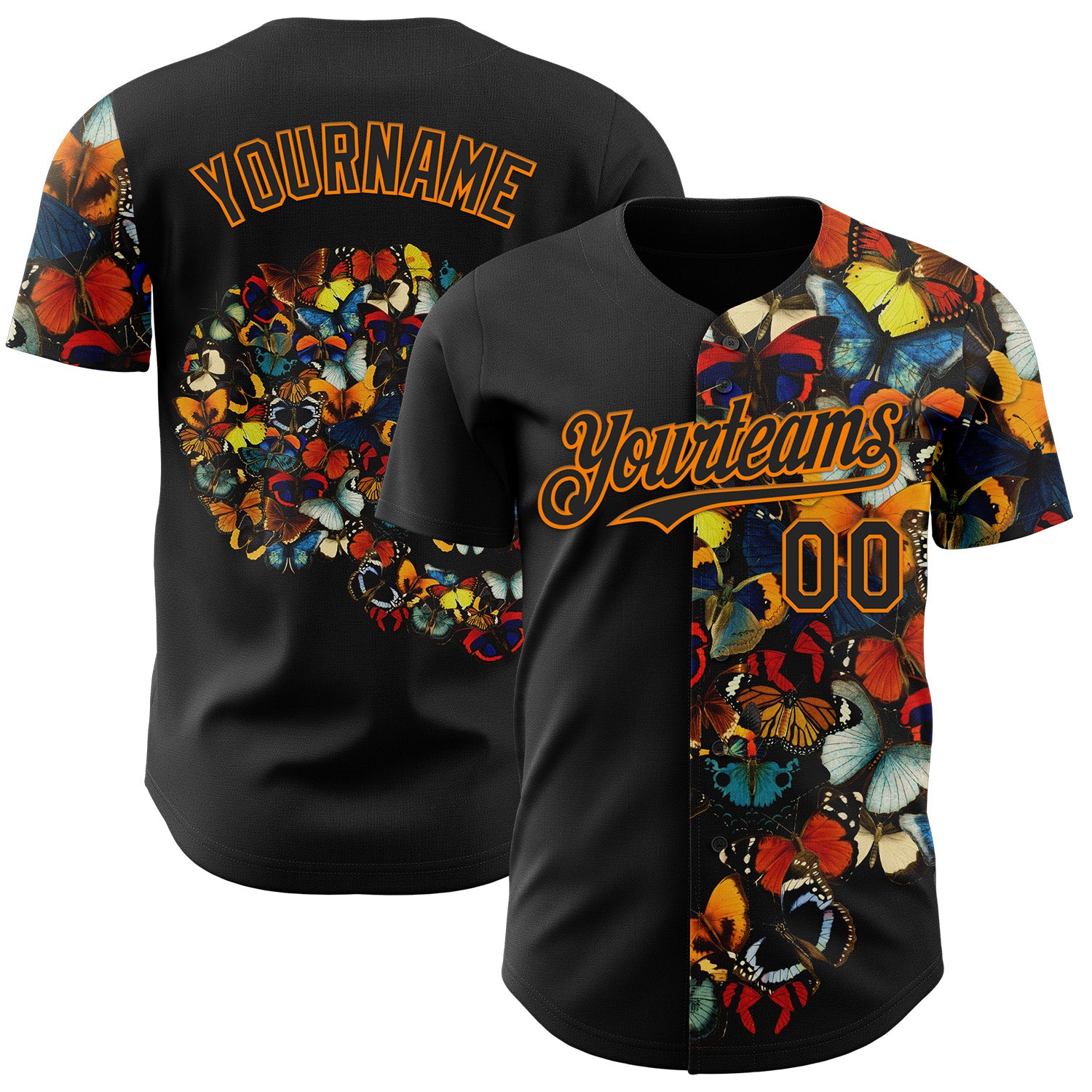 Custom Black Black-Bay Orange 3D Tobe Fonseca Butterfly Skull Collage Authentic Baseball Jersey