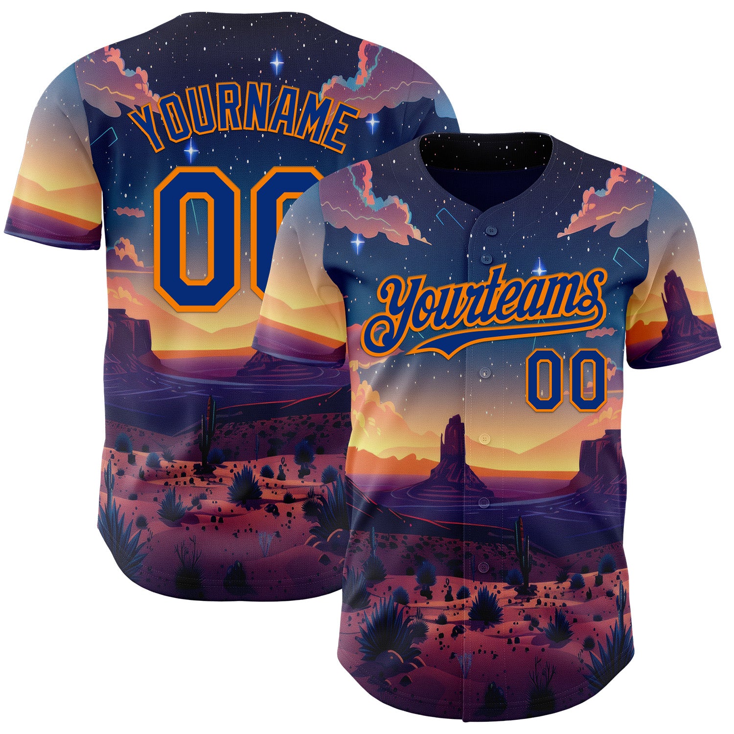 FansIdea Custom Blue Royal-Bay Orange Texas Sunset Night Landscape City Edition Authentic Baseball Jersey - $29.99 at Proof Eyewear