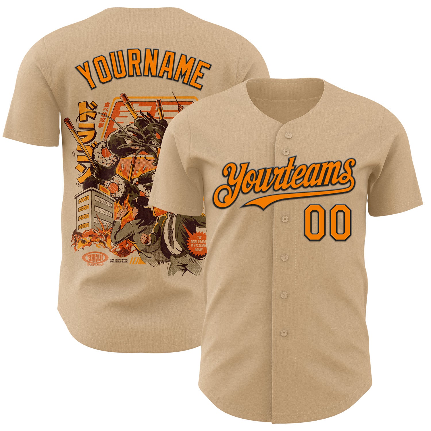 Fansidea-group-collabs Custom City Cream  Bay Orange-Black Ilustrata® studio Sushi Dragon Attack Authentic Baseball Jersey - $34.99 at Proof Eyewear
