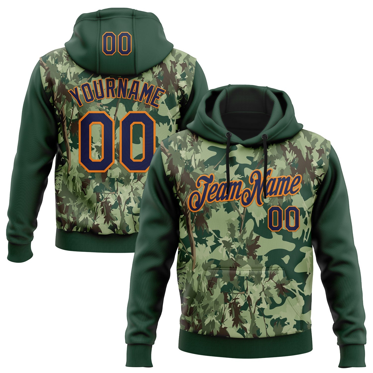 FansIdea Custom Stitched Green Navy-Bay Orange 3D Pattern Design Tree Camo Hunting Sports Pullover Sweatshirt Hoodie - $32.99 at Proof Eyewear