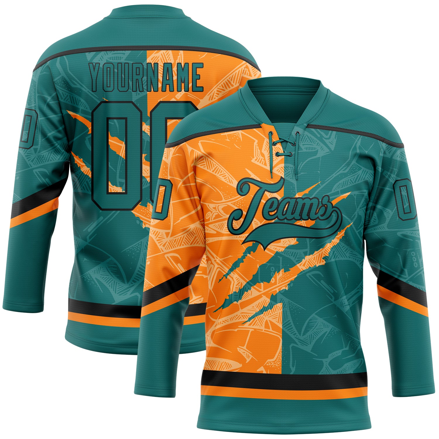 FansIdea Custom Teal Bay Orange-Black 3D Pattern Gradient Fashion Scratch Hockey Lace Neck Jersey - $29.99 at Proof Eyewear